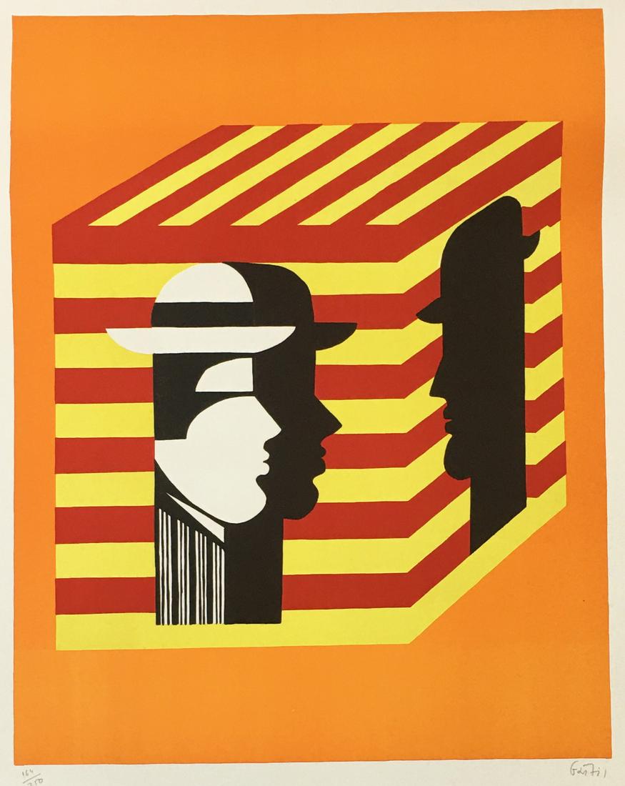 Signed Yannis Gaitis Print, "Square Head".: Included is a Certificate of Authenticity. A few marks on the paper, as shown. Paper is a little warped, though it should be able to be framed without much difficulty. 23.75" x 32". Third-Party Shippi