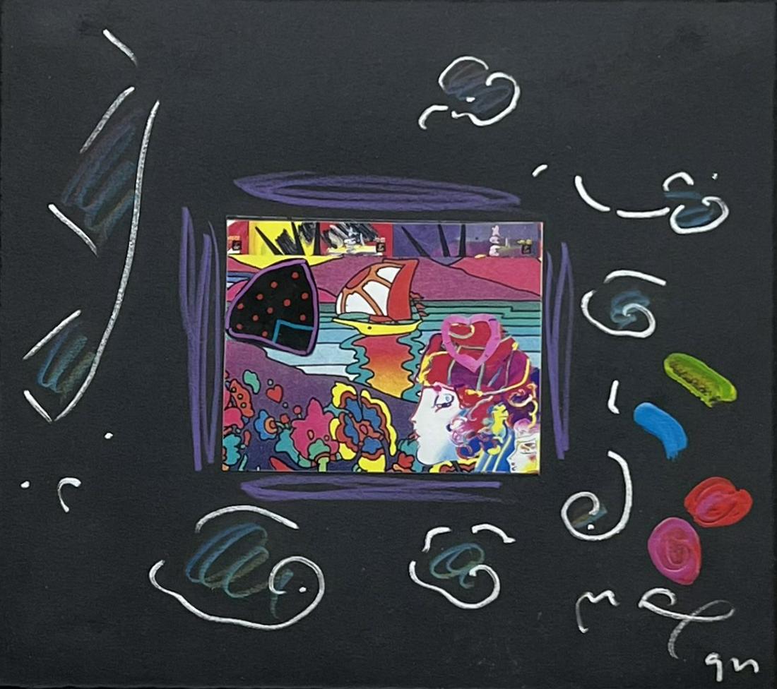 Peter Max Mixed Media Collage.: Titled "Silver Series Black , Version 1 No. 48". Max No. 21815. Mixed Media Collage On Black Paper with Acrylic, Colored Pencil and Ink. Signed in Ink and Dated, Lower Right. Comes with a Certificate