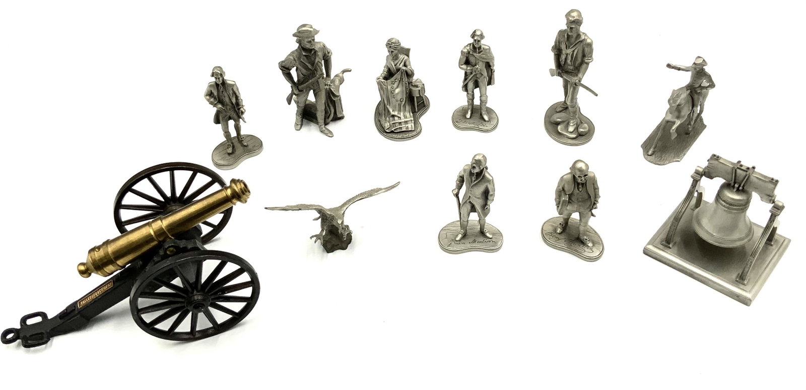 Lot of Pewter Miniature Figures & Brass Cannon.: The Pewter Figures are of Alexander Hamilton, George Washington, Betsy Ross, Benjamin Franklin, James Madison, The Liberty Bell, etc. - Those Figures Measure appx. 3" Tall. Also Included are 2 Hudson 