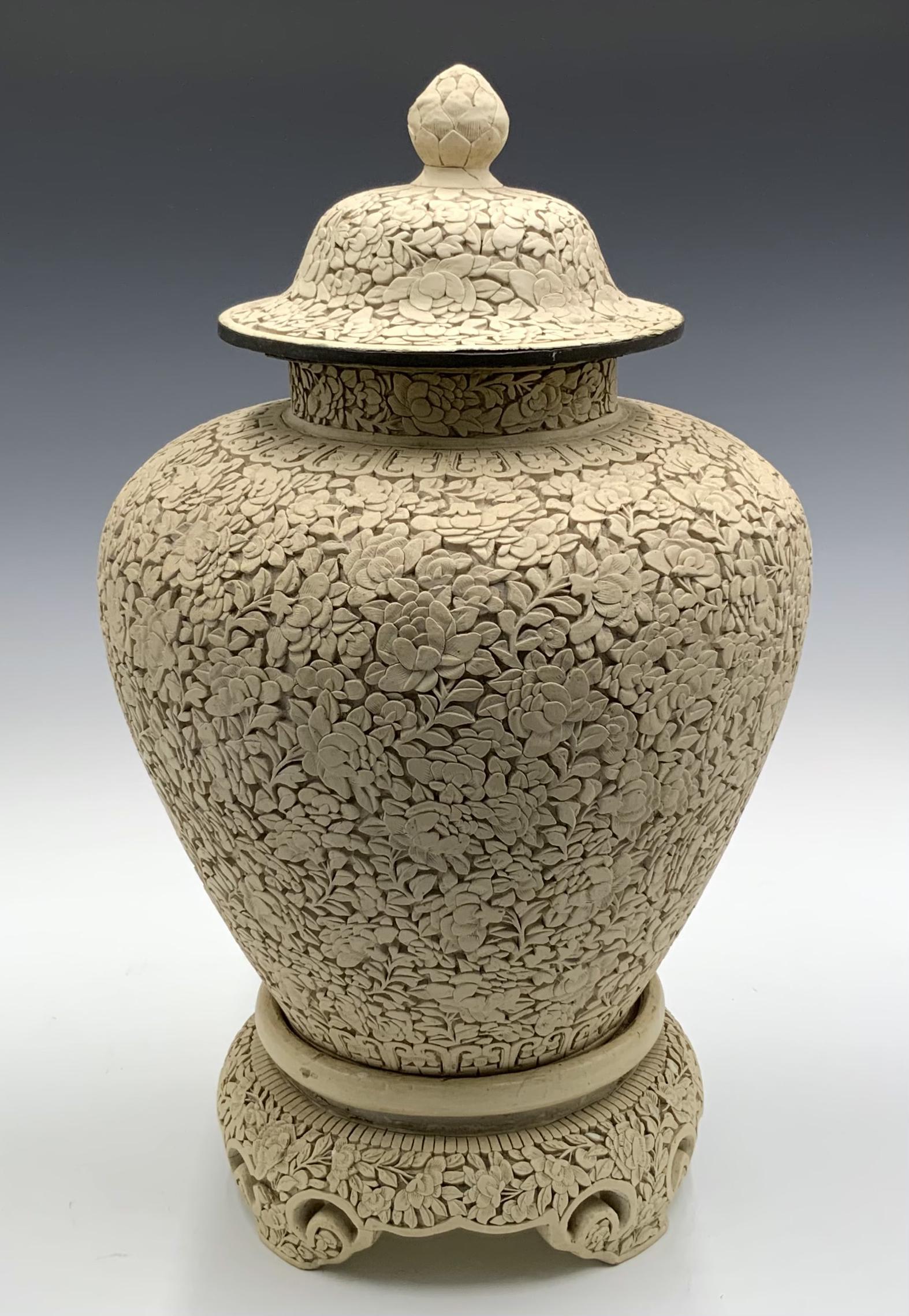 Antique White Cinnebar Ginger Jar & Stand, As Is.: The Chinese Jar is Missing the Bottom. It's Gone Completely. The Jar and Stand Measure 14 1/2" Tall. Third-Party Shipping or Personal Pickup Required.