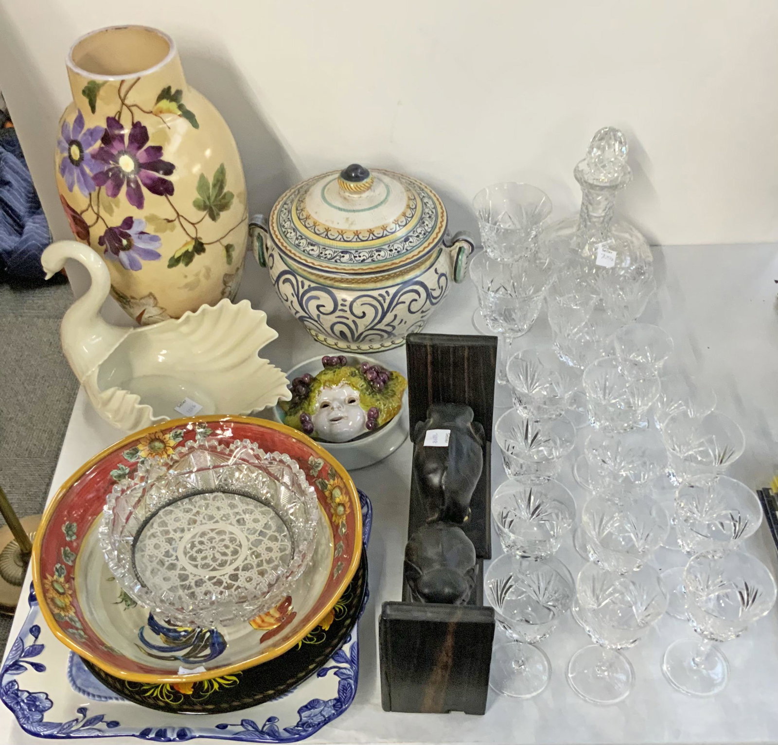 Large Lot of Assorted Items- Crystal Stemware, etc: A Lot of Signed Gorham Crystal Stemware, a Pair of Ebony Wood Elephant Bookends, An Antique Hand-Painted Glass Vase (14" Tall), a Lenox Swan Centerpiece, etc. - Third-Party Shipping or Personal Pickup