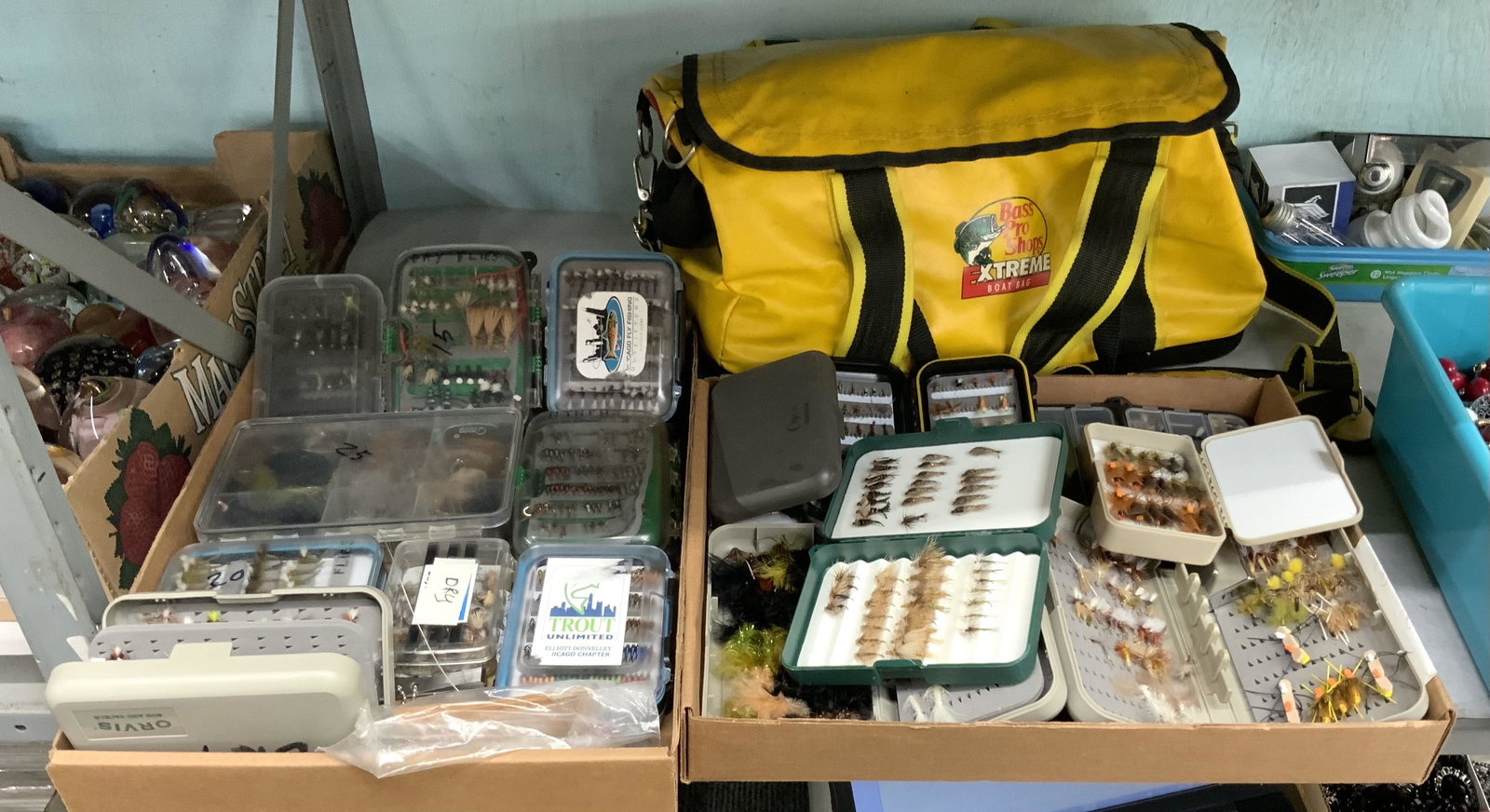 Lot: 2 Boxes of Fly Fishing Lures.: Plus, a Yellow Boat Bag. Third-Party Shipping or Personal Pickup Required.
