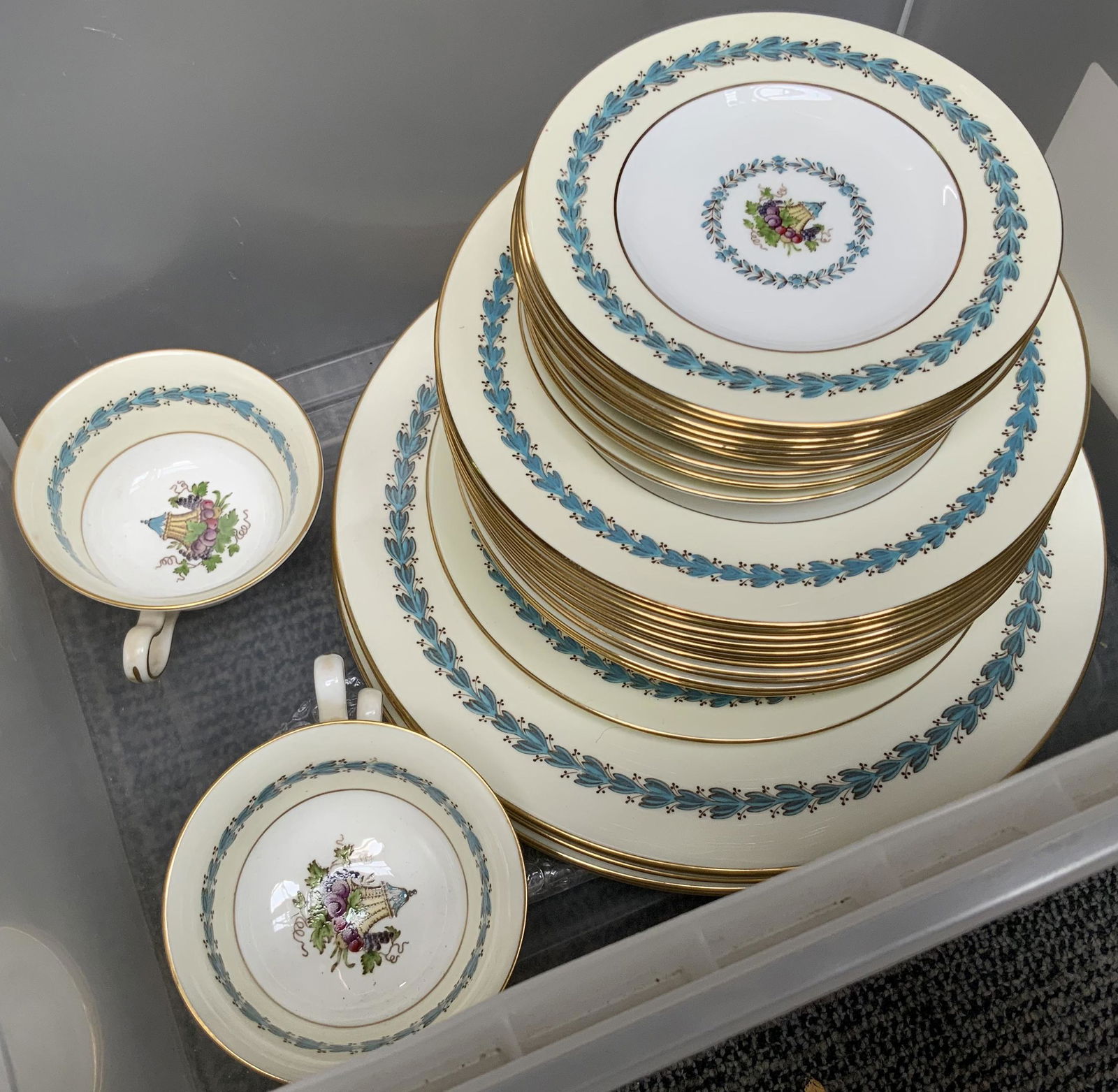 Wedgwood Bone China Dinnerware Set.: Appledore pattern. Includes dinner plates, salad plates, saucers, teacups. These look to be in nice condition. Third-Party Shipping or Personal Pickup Required.