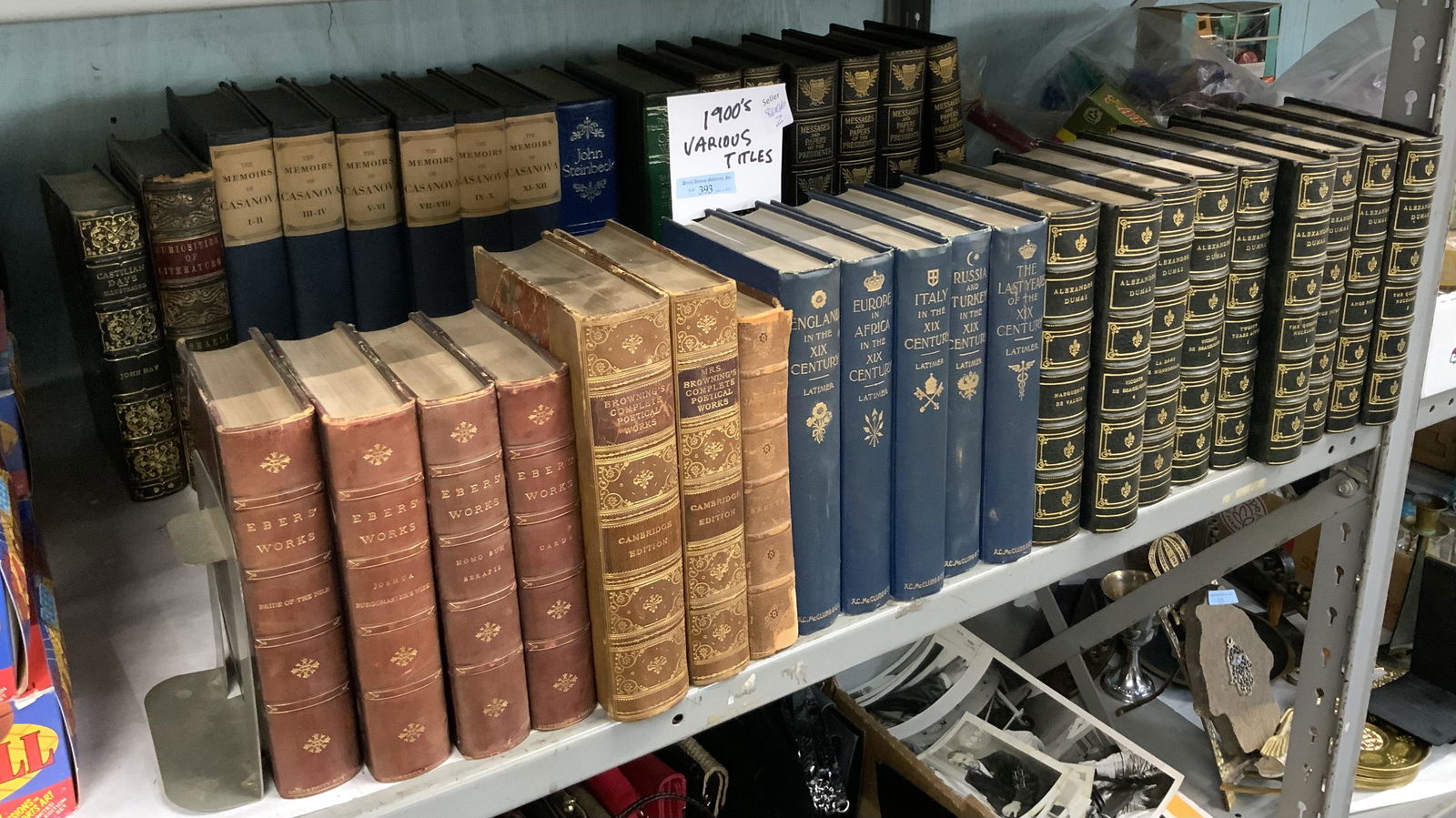 Lot of Leatherbound & Other 1900's Books.: Alexander Dumas, Ebers' Works, John Steinbeck, Memoirs of Casanova, etc. - Many are in Good Condition. Third-Party Shipping or Personal Pickup Required.