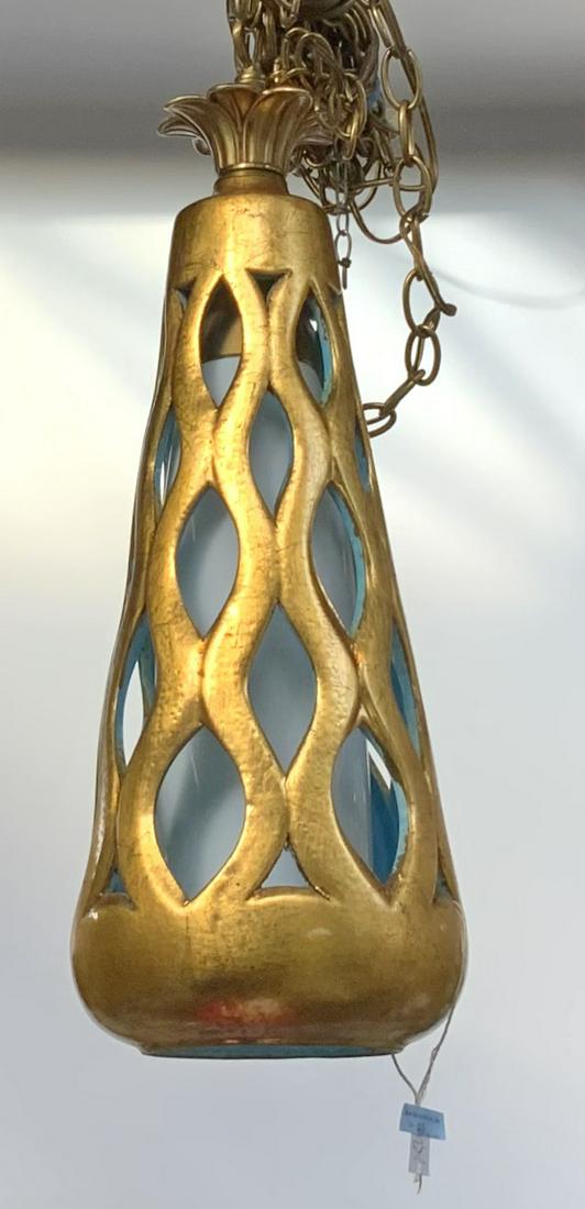 Mid-Century Gold-Colored Ceramic Light Fixture.: Measures 20" Long and 7" in Diameter. Third-Party Shipping or Personal Pickup Required.