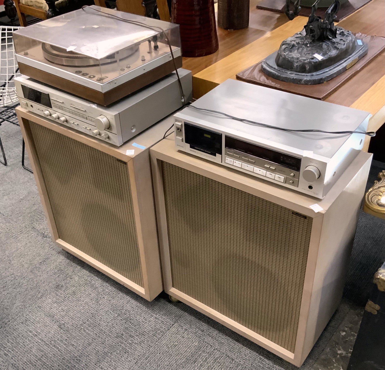 Lot of Stereo Equipment and Speakers.: Includes a Pair of Speakers, a Philips 212 Electronic Turntable with Ortofon Needle, a Denon DRA-550 Amplifier, and a Denon DR-M11 Cassette Deck. Working Condition is not Known. Third-Party Shipping o