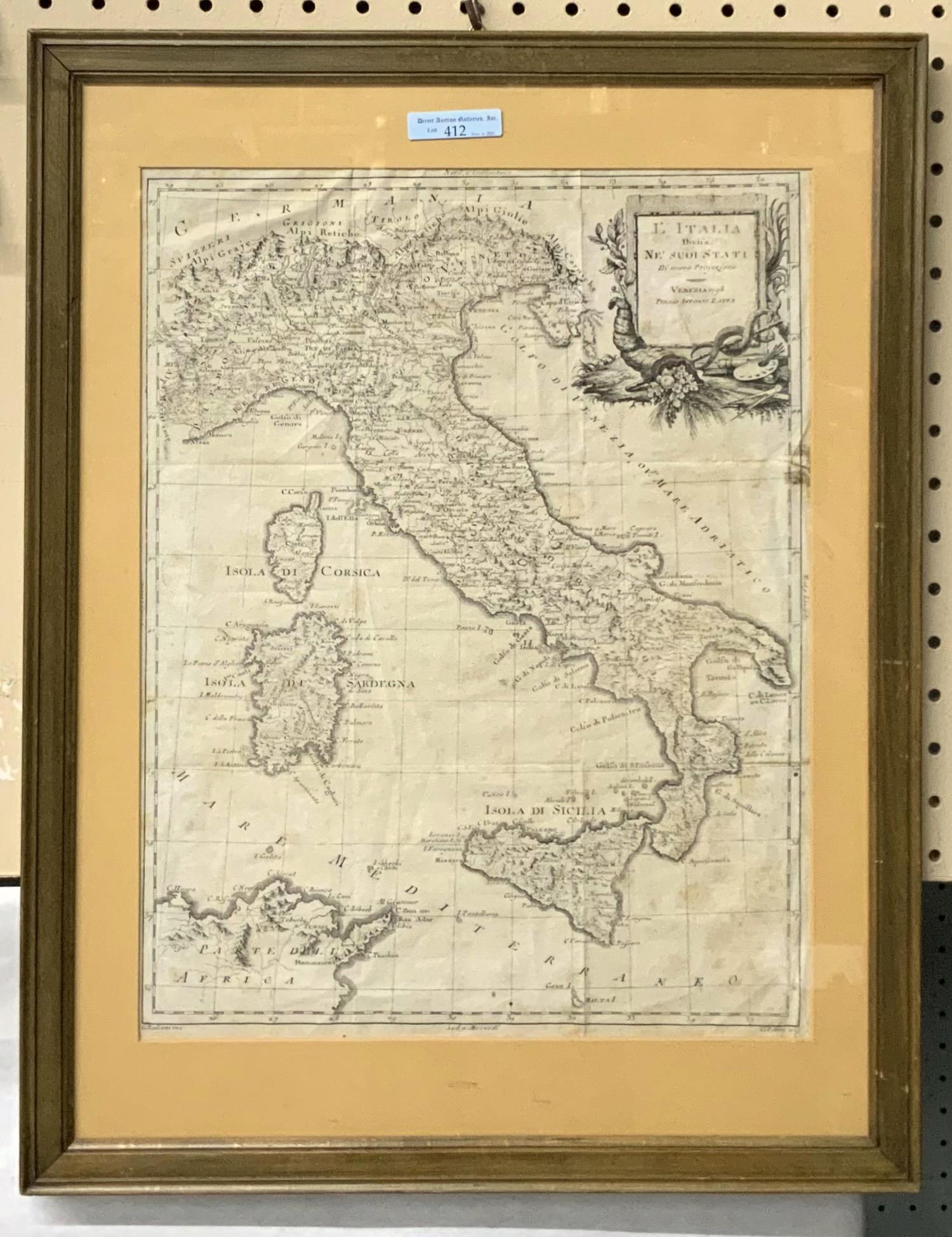 Circa 1780-1800 Map of Italy, Framed.: By G. Zuliani, Inc. - Engraved by G. Pitteri. Measures 16 1/4" x 12 1/2". The Frame Measures 21 1/2" x 16 3/4". There is a bit of Damage to the Map on the Upper Right Hand Edge. Third-Party Shipping o