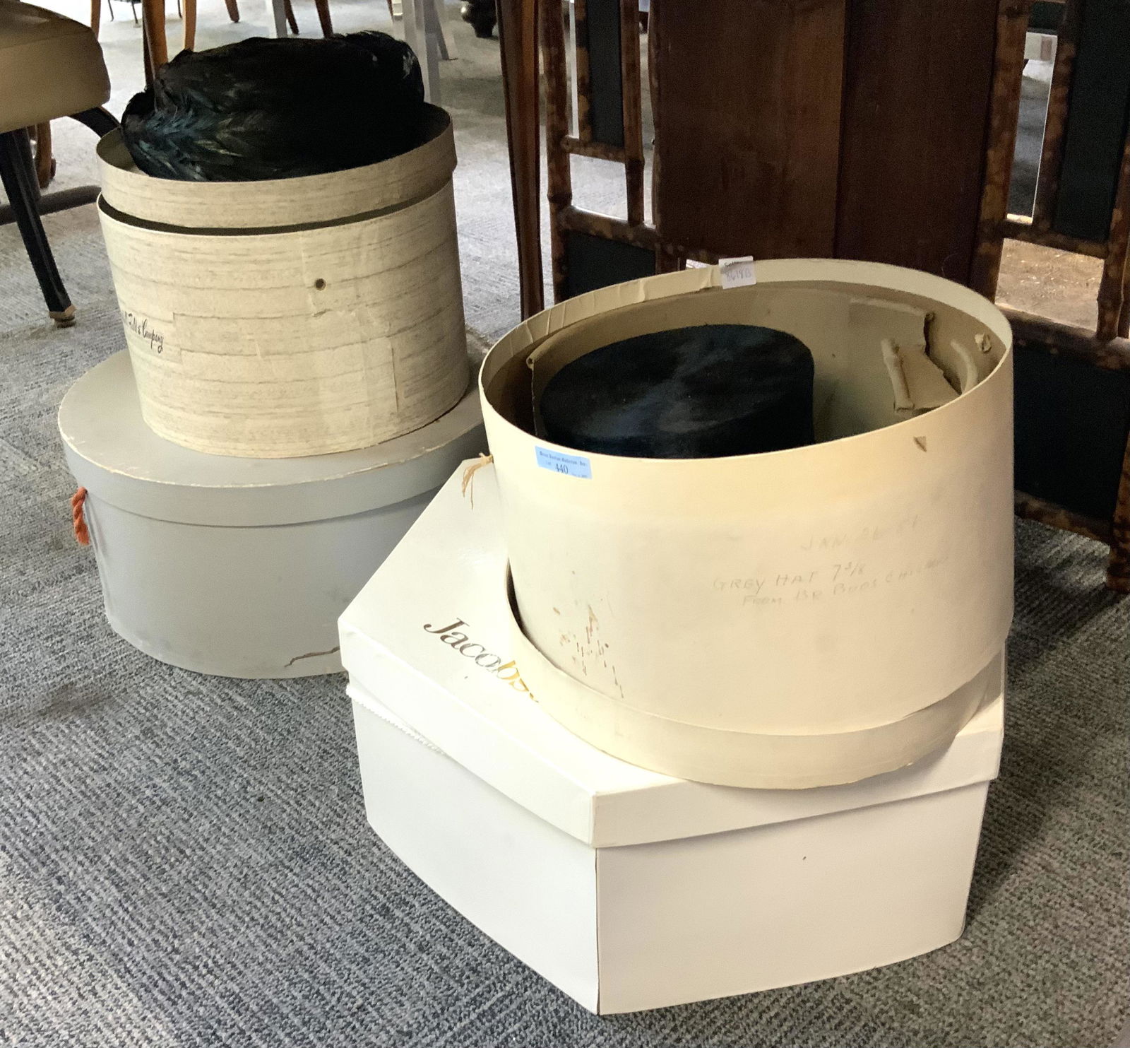 Lot of 4 Hats in Original Boxes.: One is a Fancy Beaver? Top Hat made by Hillhouse & Co., London. There also is a Derby, which is As Is. Third-Party Shipping or Personal Pickup Required.