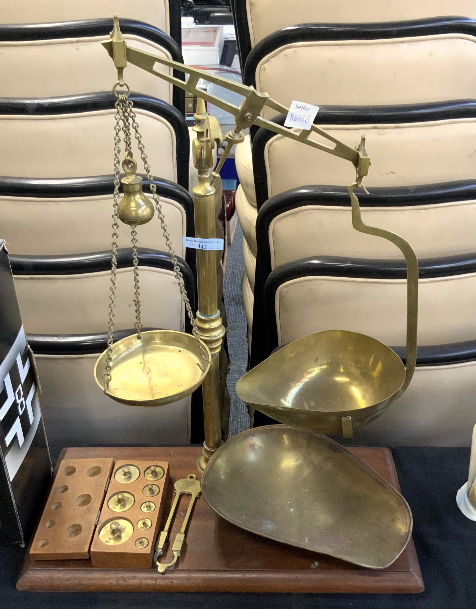 Old Brass Scale with 8 Weights.: May be Missing some Pieces. The Scale Measures 20" Tall. Third-Party Shipping or Personal Pickup Required.