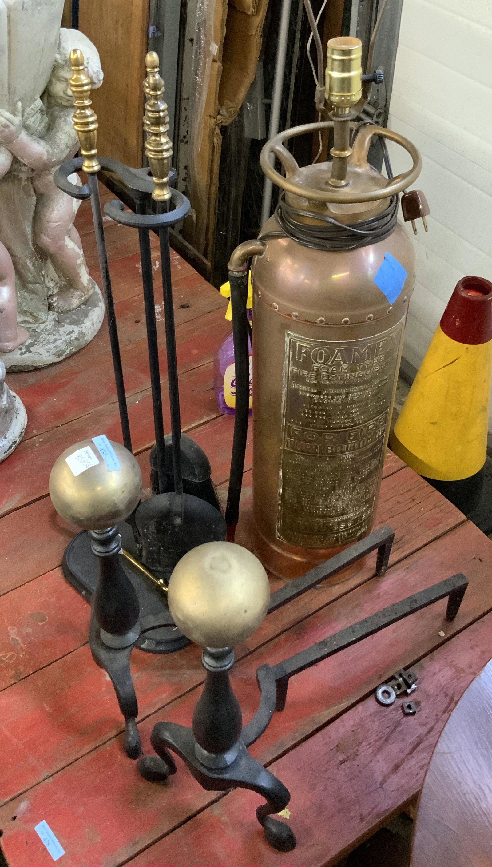 Lot of Fireplace Tools, etc.: Also, an Old Fire Extinguisher, which was Converted into a Lamp. Third-Party Shipping or Personal Pickup Required.