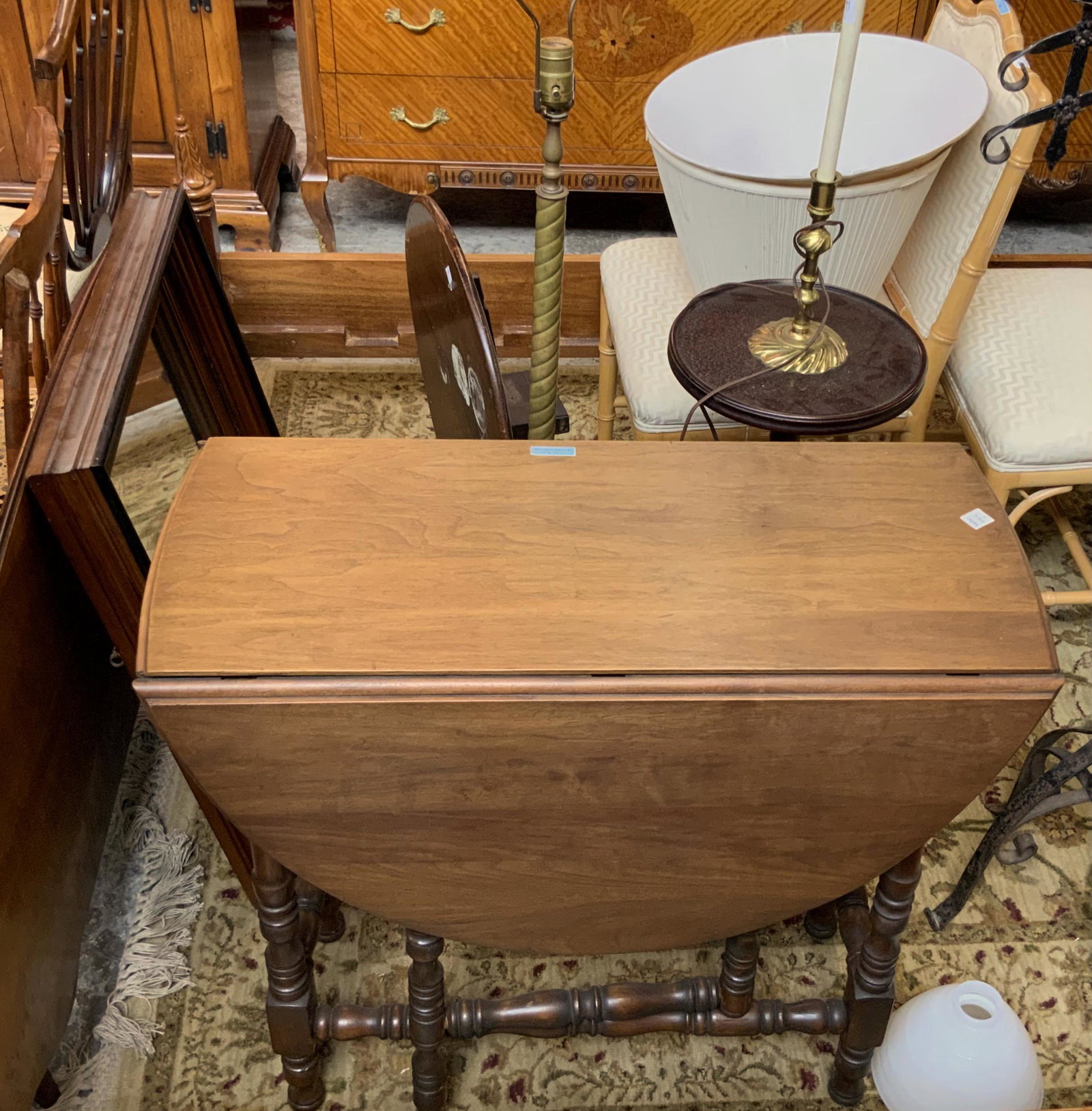 Lot: Gateleg Dropleaf Table, Other Table, 2 Lamps.: Also, a Victorian Mirror. The Lamps are Floor Lamps. The Gateleg Table measures 32" Wide. Third-Party Freight Shipping or Personal Pickup Required.