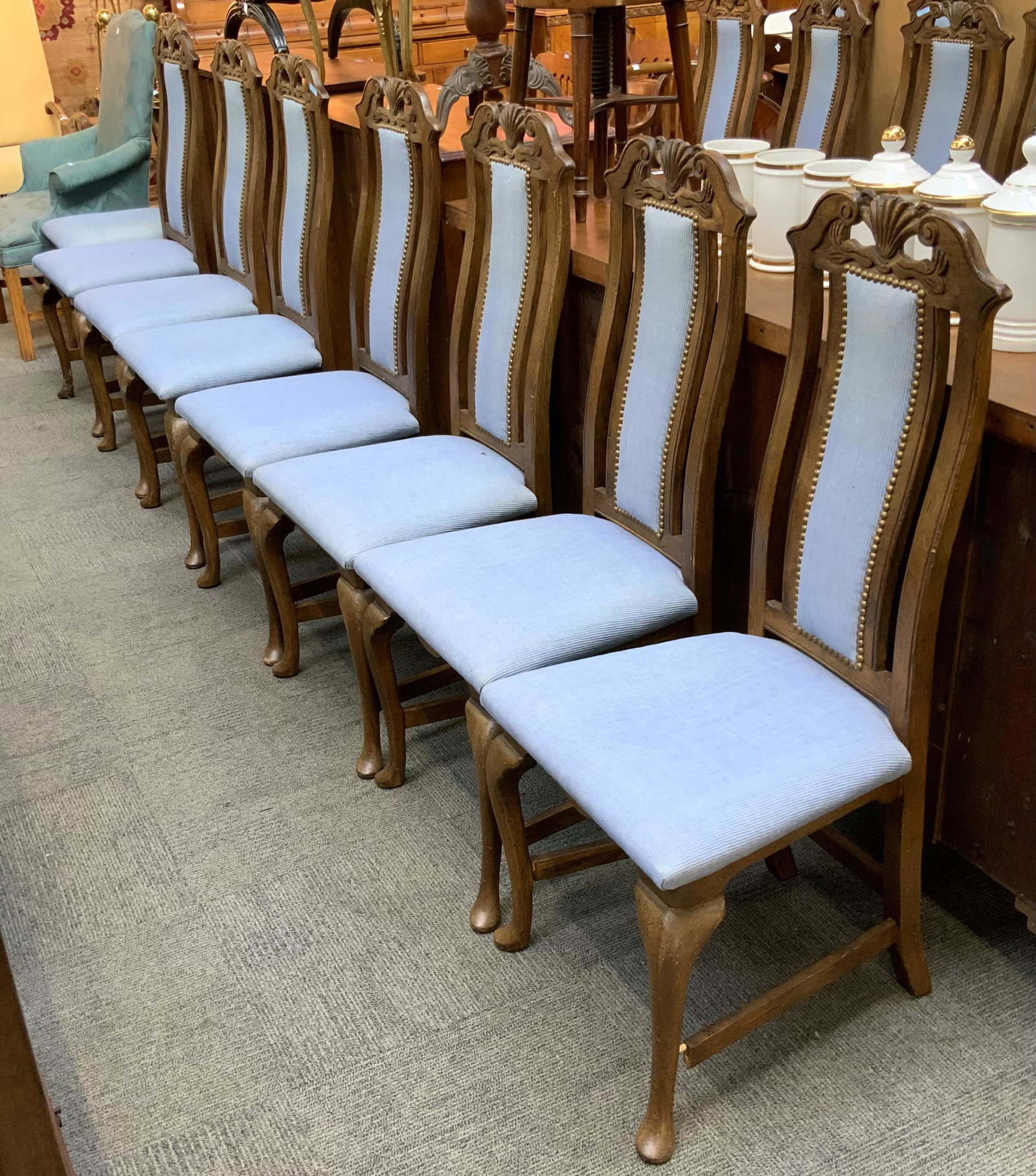 Set of 8 High-Back Blue Upholstered Dining Chairs.: Third-Party Freight Shipping or Personal Pickup Required.