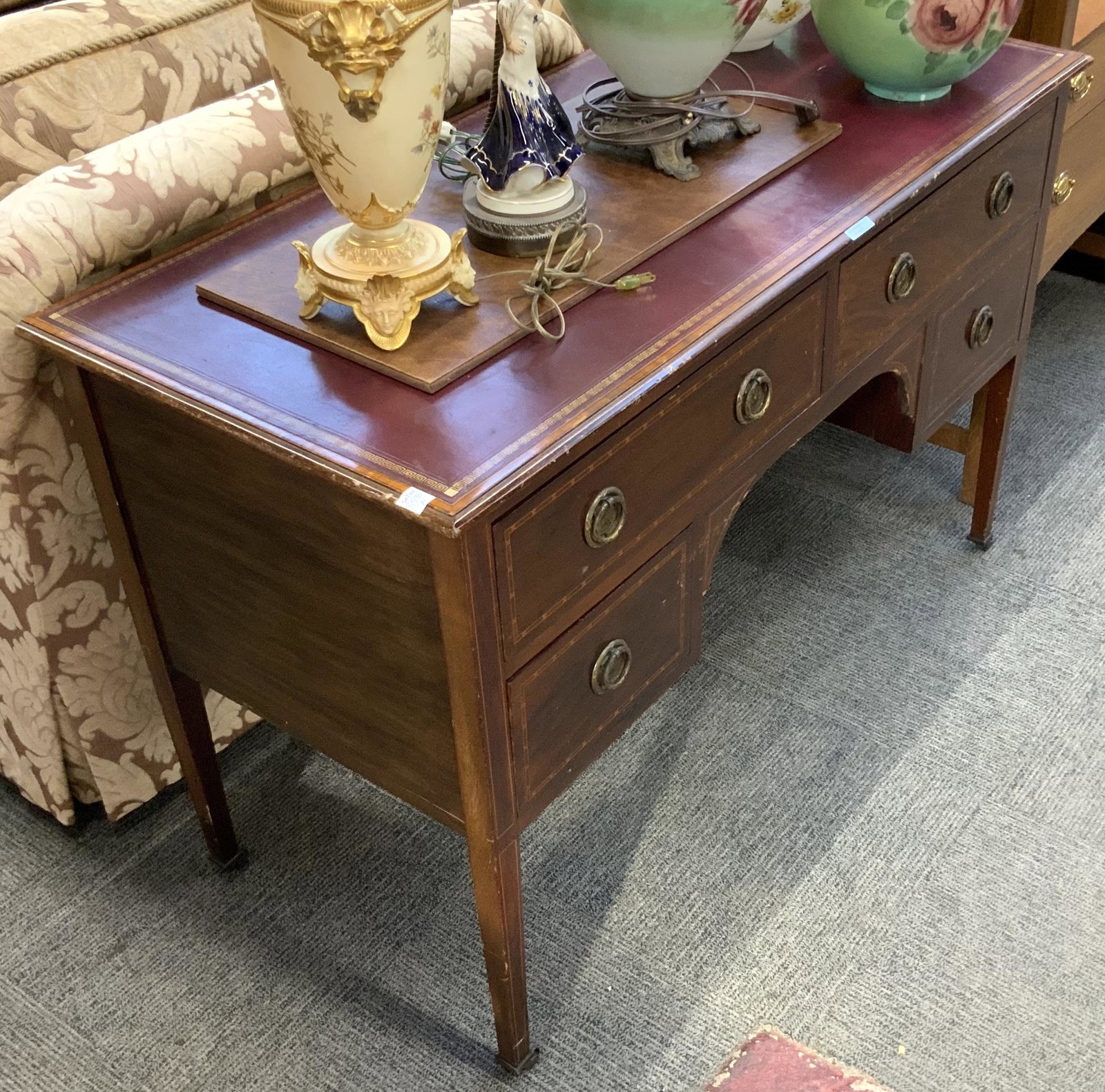 48" Wide Inlaid Leather-Top Kneehole Desk.: Third-Party Freight Shipping or Personal Pickup Required.