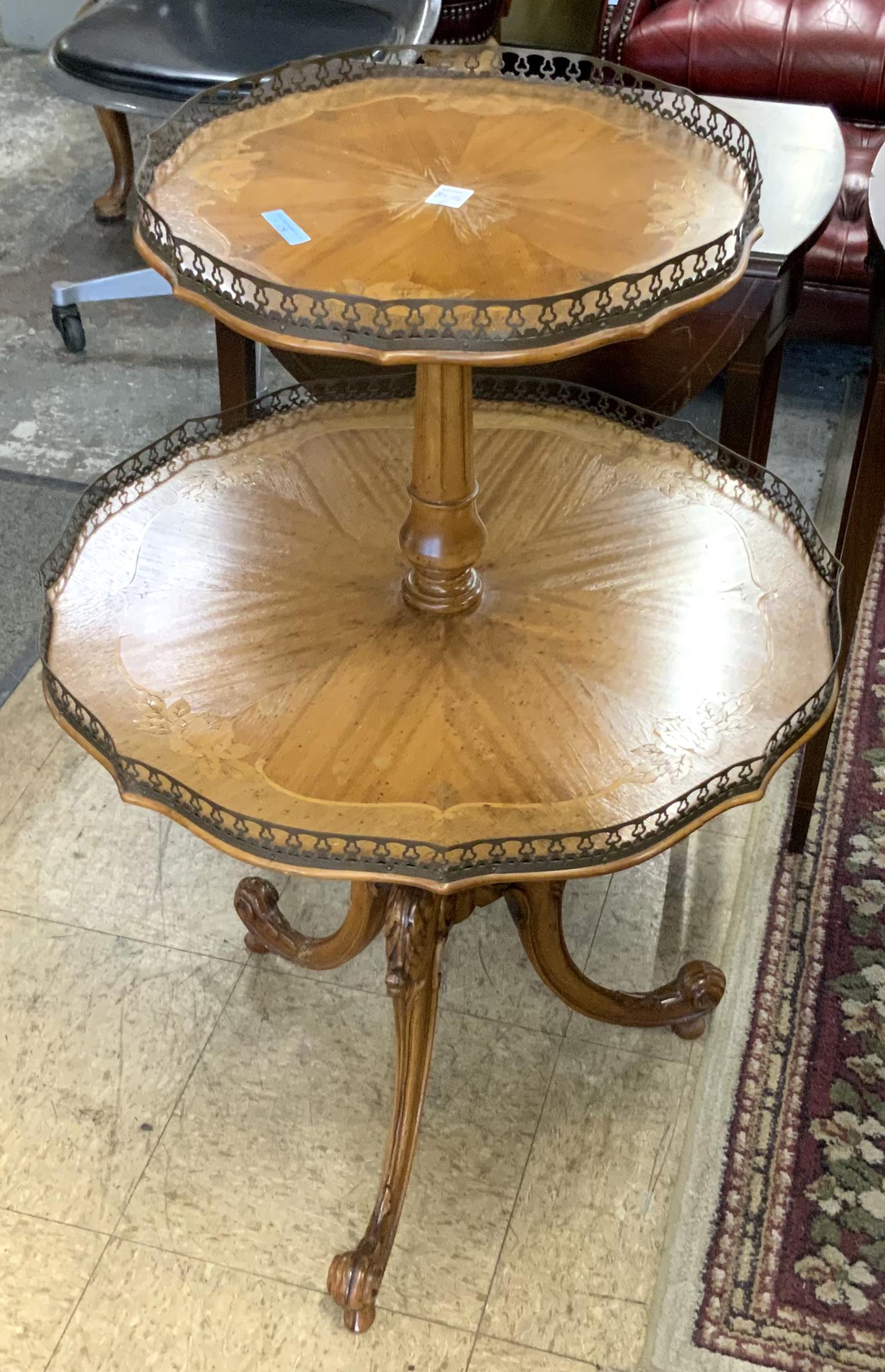 Inlaid 2-Tier 3-Legged Table.: Third-Party Freight Shipping or Personal Pickup Required.