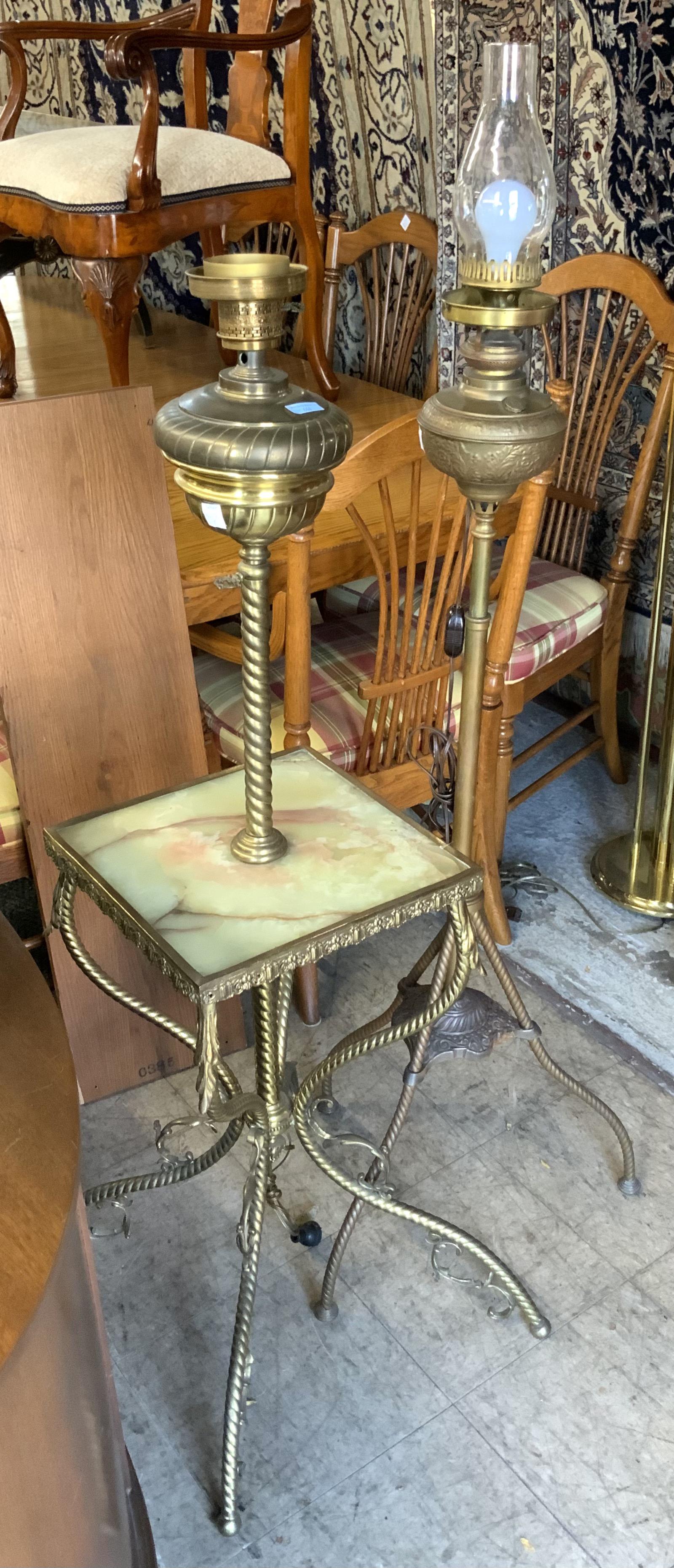 Lot of Two Electrified 5' Tall Antique Oil Lamps.: Third-Party Freight Shipping or Personal Pickup Required.