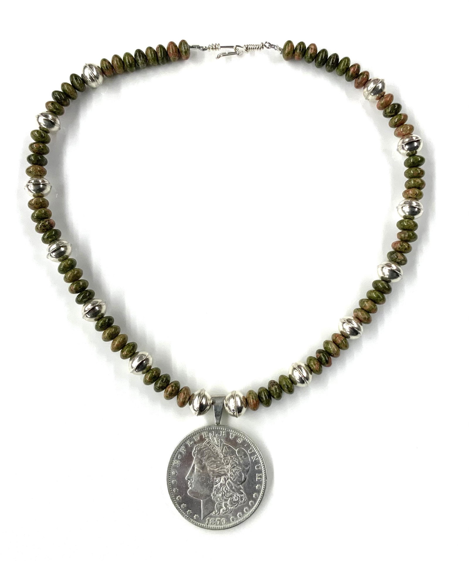 Sterling & Jasper American Indian-Style Necklace.: With an 1879-S Morgan Silver Dollar Pendant. The Necklace Portion Measures 17" Long.