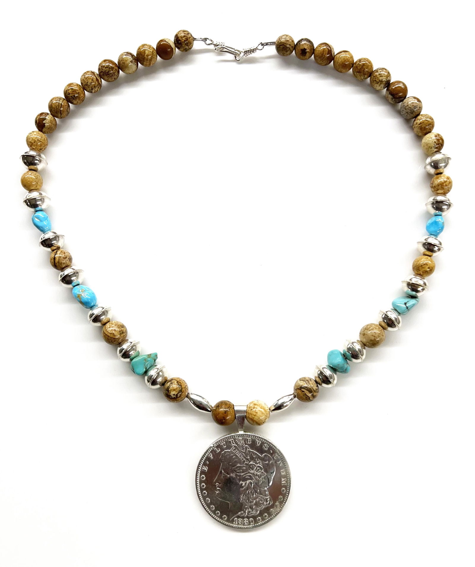 Sterling & Jasper American Indian-Style Necklace.: With Turquoise Beads. With an 1880-S Morgan Silver Dollar. The Necklace Portion Measures 19" Long.