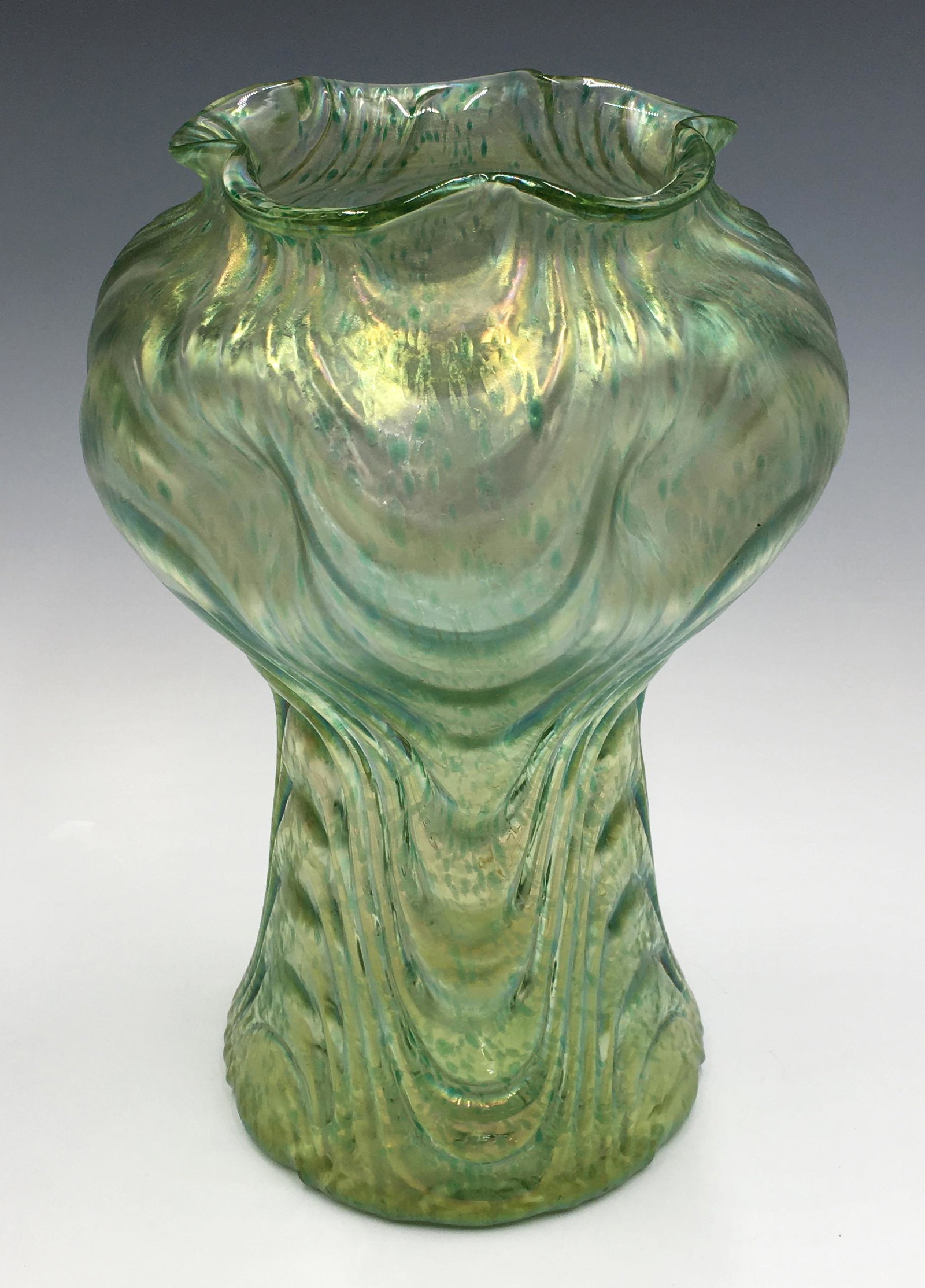 Loetz? Green Art Glass Vase.: Unsigned. Measures 9 3/4" Tall and 6" in Diameter. Third-Party Shipping or Personal Pickup Required.