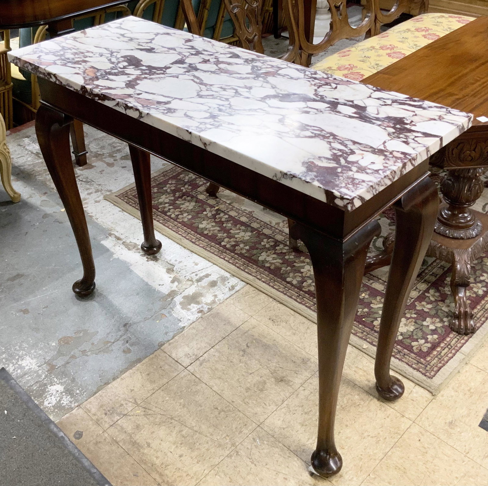 Queen Anne Style Marble-Top Console Table.: In Good Condition. Measures 47" Wide, 35 3/4" High, and 18" Deep. Third-Party Freight Shipping or Personal Pickup Required.