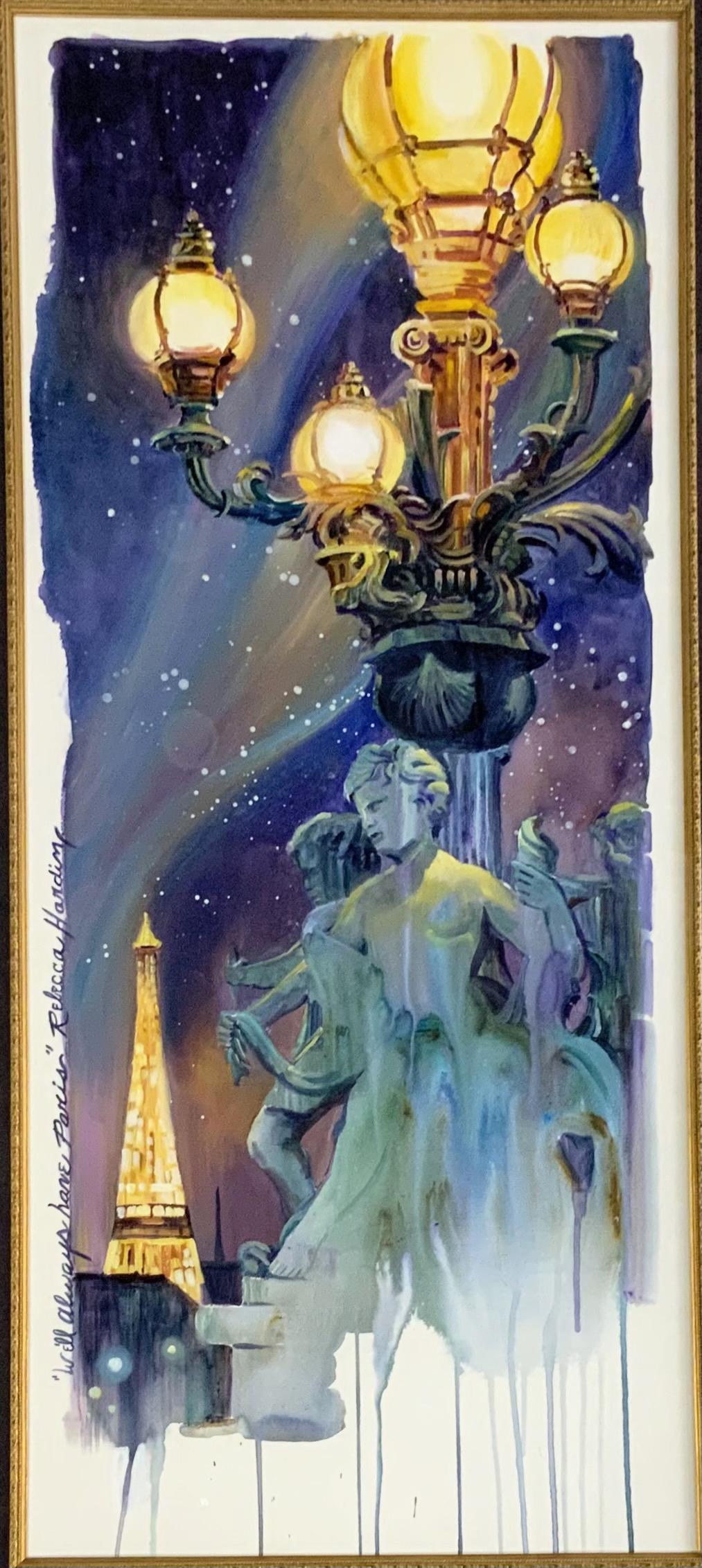 Rebecca Harding Watercolor / Acrylic on Board.: Titled, "We'll Always have Paris". Signed and Titled Lower Left. With a Tag from Golden Pearls Publishing, Inc. Image Size Measures 37 1/2" x 16". Frame Size Measures 49" x 27 1/4". Third-Party Shippi