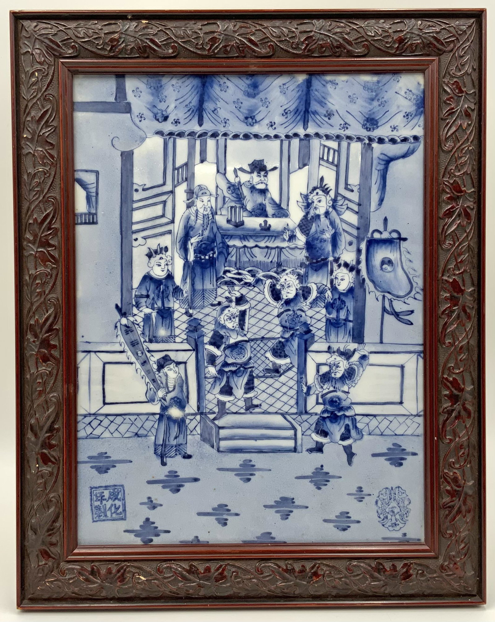 Asian Blue & White Porcelain Plaque in a Frame.: The Plaque Measures 11 1/2" x 8 5/8". The Frame has some Minor Wear, and Measures 14 1/4" x 11 1/2". Third-Party Shipping or Personal Pickup Required.