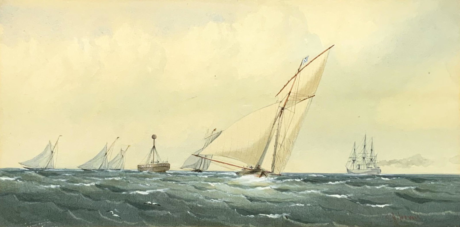 Watercolor / Gouache by C.H. Lewis, "In Full Sail": Signed Lower Right. Image Size Measures 6" x 12". Frame Size Measures 13 1/2" x 19 1/2". Frame has Slight Damage. Third-Party Shipping or Personal Pickup Required.
