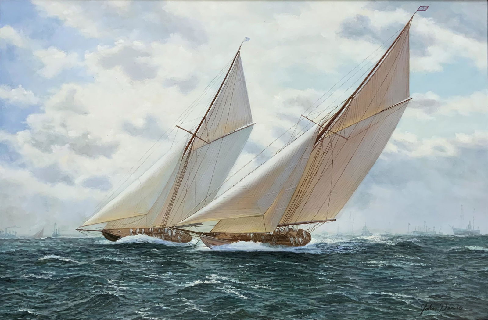 John Davis Oil Painting, "The Yacht Race".: 20th Century, American. Oil on Canvas, Signed Lower Right. The Painting Measures 24" x 36". The Frame Measures 32" x 44". Third-Party Shipping or Personal Pickup Required.