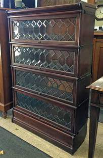 4-Stack Barrister Bookcase w/Leaded Glass Doors.: A Mahogany Bookcase by The Globe Wernicke Company. The Bottom Window is Stuck, does not Seem to Slide in Properly. It Probably Needs some Adjusting. The Bookcase Measures 34" Wide, 52 1/2" High, and 1