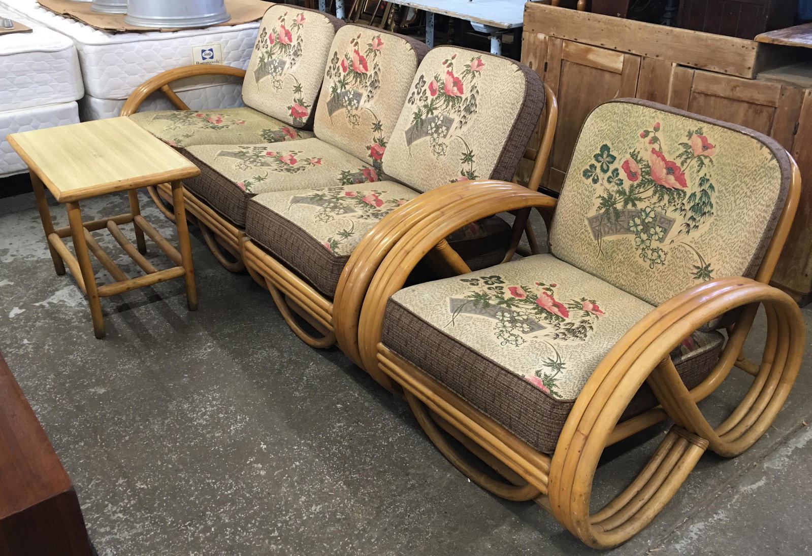 3 Pc. Vintage Rattan Sofa Set.: Consists of a Sofa, Chair, and Small Table. The Sofa Measures 74" Wide. The Chair is a bit Worn, but Otherwise the Set is in Pretty Good Condition. Third-Party Freight Shipping or Personal Pickup Requ