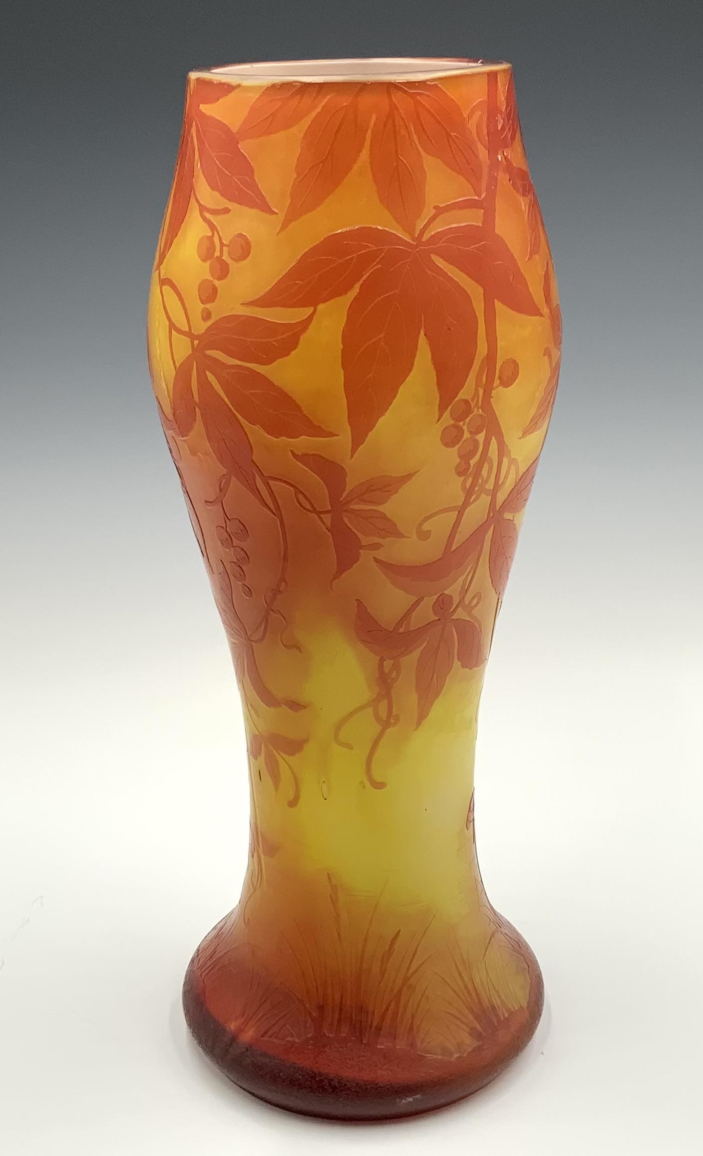Signed Michel de Nancy French Cameo Glass Vase.: Measures 12 1/8" Tall and 4 1/2" in Diameter. Third-Party Shipping or Personal Pickup Required.
