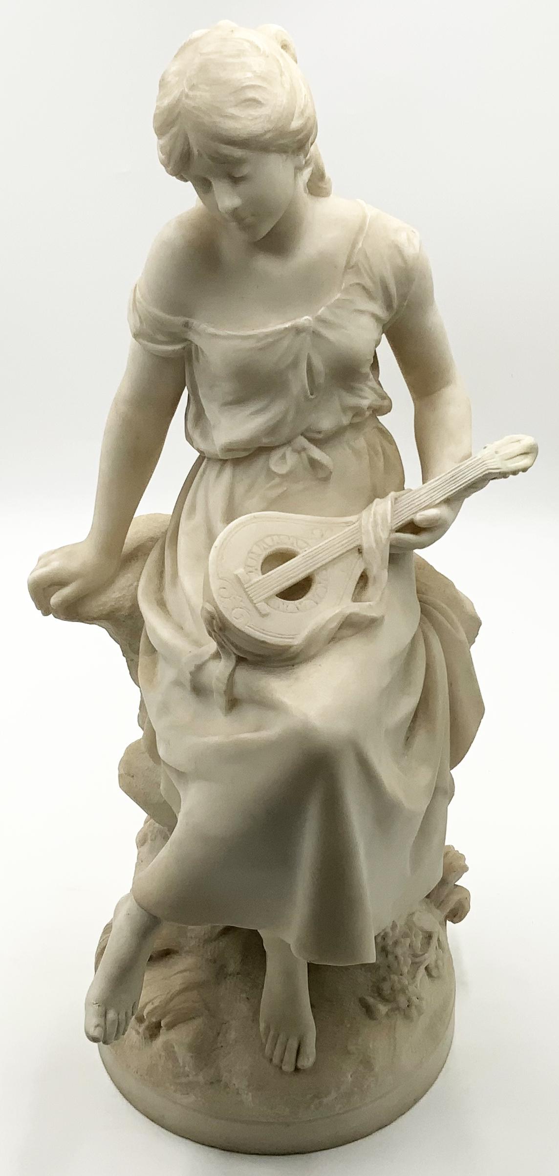 Auguste Moreau Marble Sculpture of Woman w/Lute: Signed Near the Base. Measures 23 3/8" Tall. Third-Party Shipping or Personal Pickup Required.