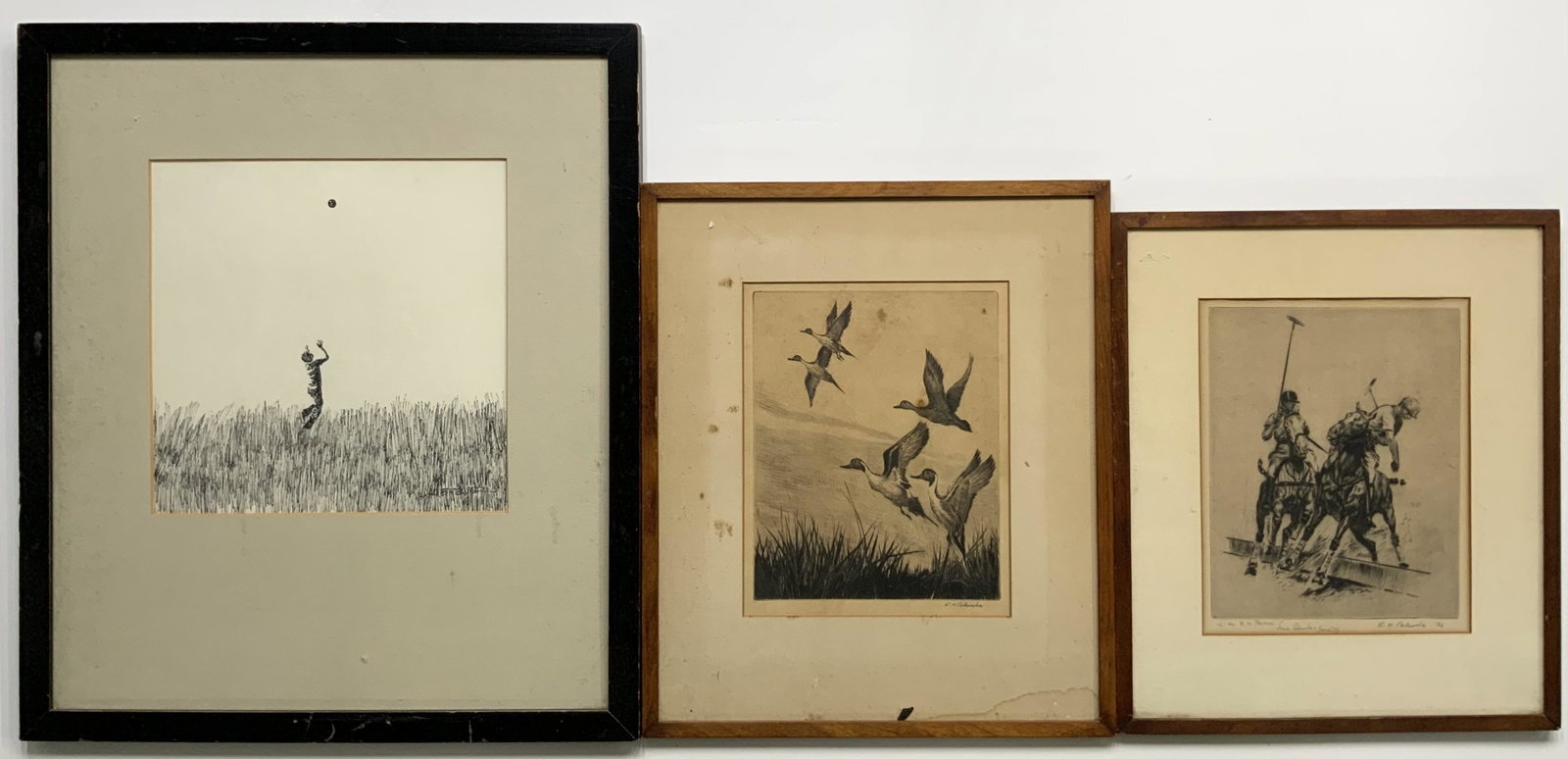 Lot: 2 Ray Palenske Etchings & Brewer Drawing.: The Brewer Drawing is Said to have been Done by a Former Sportscaster. The Palenske Etchings are of Polo Players (Plate Size 10" x 8"), and Ducks in Flight (Major Foxing, Plate Size 10" x 8"). The Lar