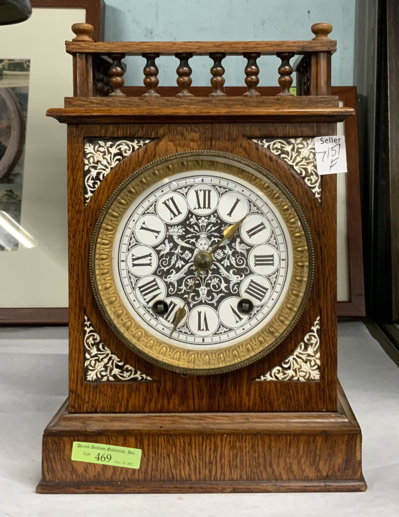 Oak Case Ornate Antique Wood Mantle Clock.: Measures 12" Tall 8" Wide 5" Deep. Working Condition is not Known. Third-Party Shipping or Personal Pickup Required.