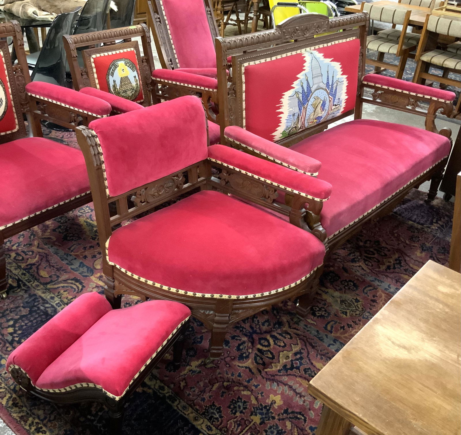 Lot: Patriotic Needlepoint Victorian Furniture Pcs: 3 Pcs. Total - Love Seat, Corner Chair & Kneeler. Third-Party Freight Shipping or Personal Pickup Required.