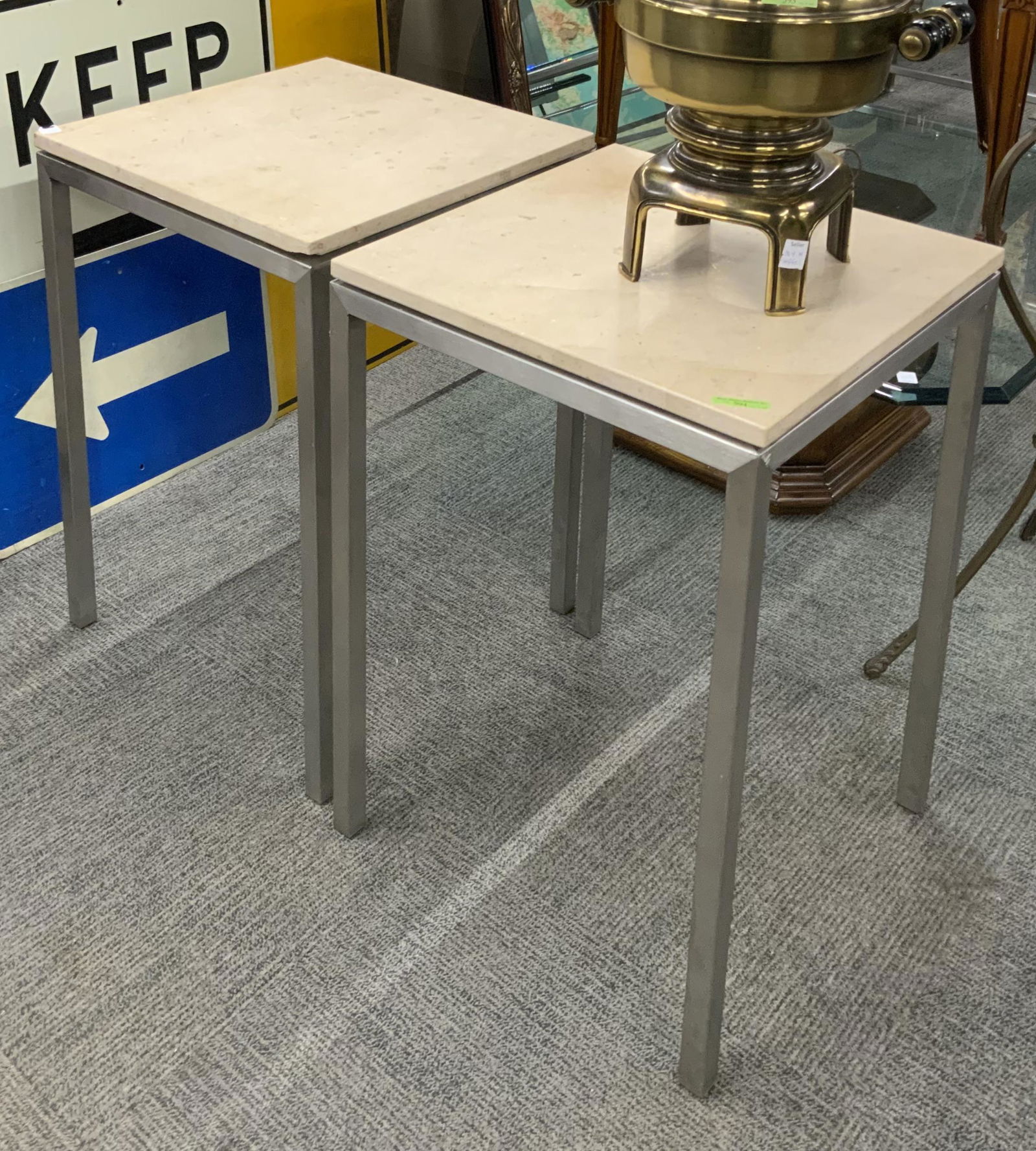 Pair of Travertine-Top Steel Tables.: These Measure 26" Tall and 18" Square. Third-Party Freight Shipping or Personal Pickup Required.