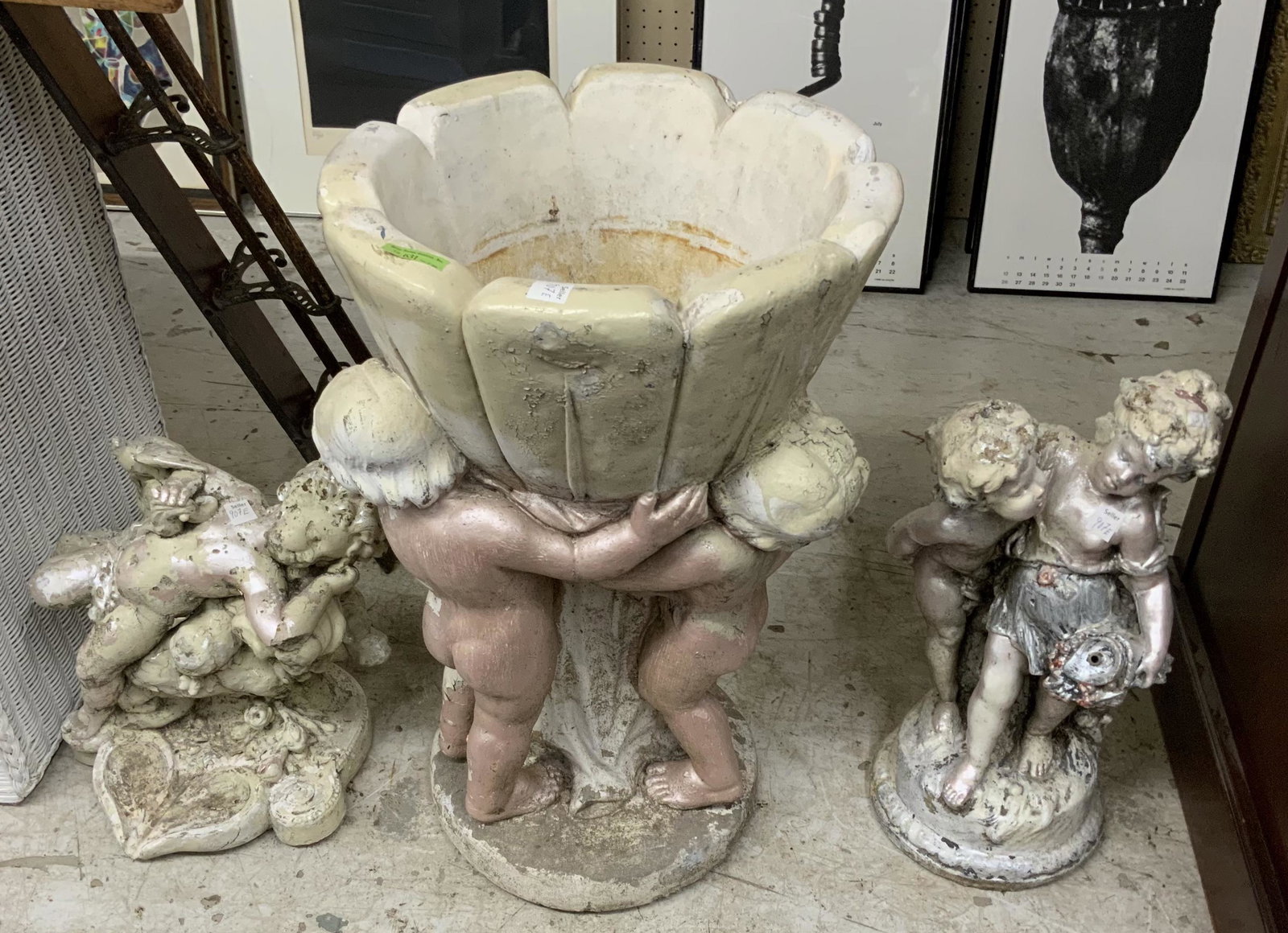 Lot: 3 Pcs.: Cherub Figures & Planter.: Third-Party Freight Shipping or Personal Pickup Required.