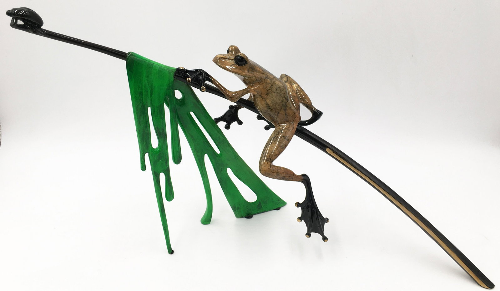 Tim Cotterill Bronze Frog w/ Slime Sculpture.: Good condition, with a spot of enamel loss on the branch, near the beetle. There is a very faint blemish near the frog's right shoulder, and some surface wear/scratches on the green slime. 11" tall, 1