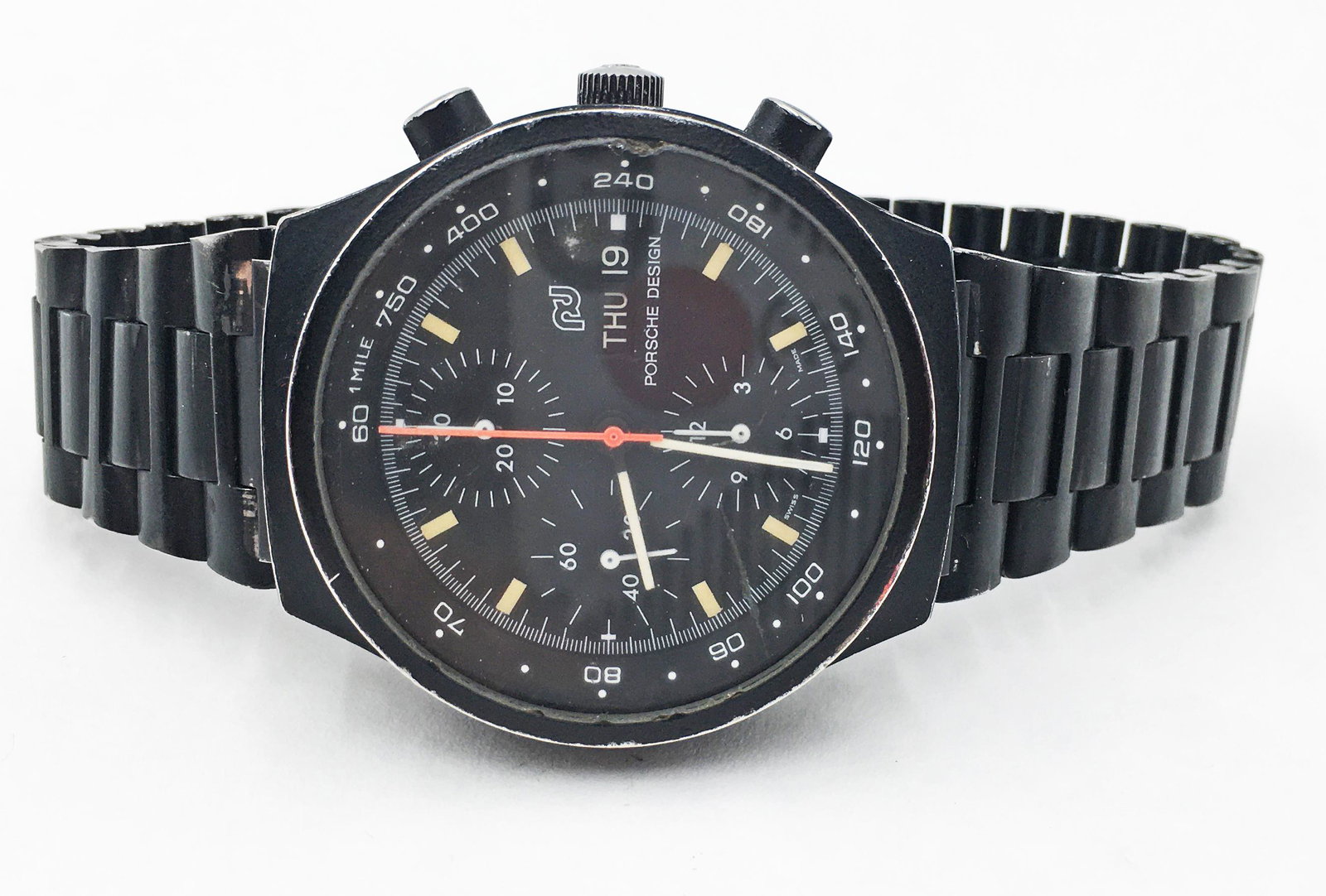 Porsche Design No. 7750 Chronograph Men's Watch.: An Automatic Watch. It Ticks. The Case Measures 40mm in Diameter. The Watch Crystal has Scratches, a Tiny Chip on the Side, and Appears Cloudy.