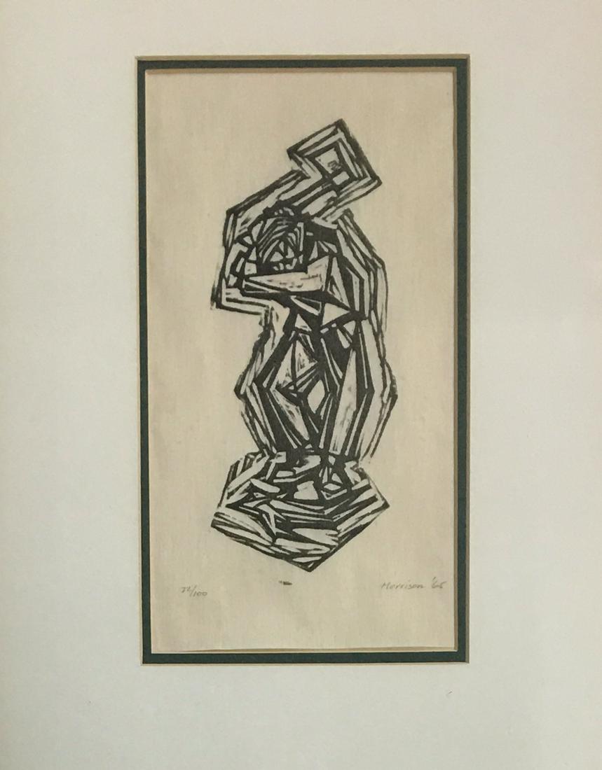 Abstract Woodblock Print of Man with Axe.: Signed Morrison, Lower Right, and Dated 1965 (Mid-Century). The Wood Block Print is Numbered 22 of 100. Image Size Measures 8 1/2" x 4 1/2". The Frame Measures 15 1/2" x 11 1/2".