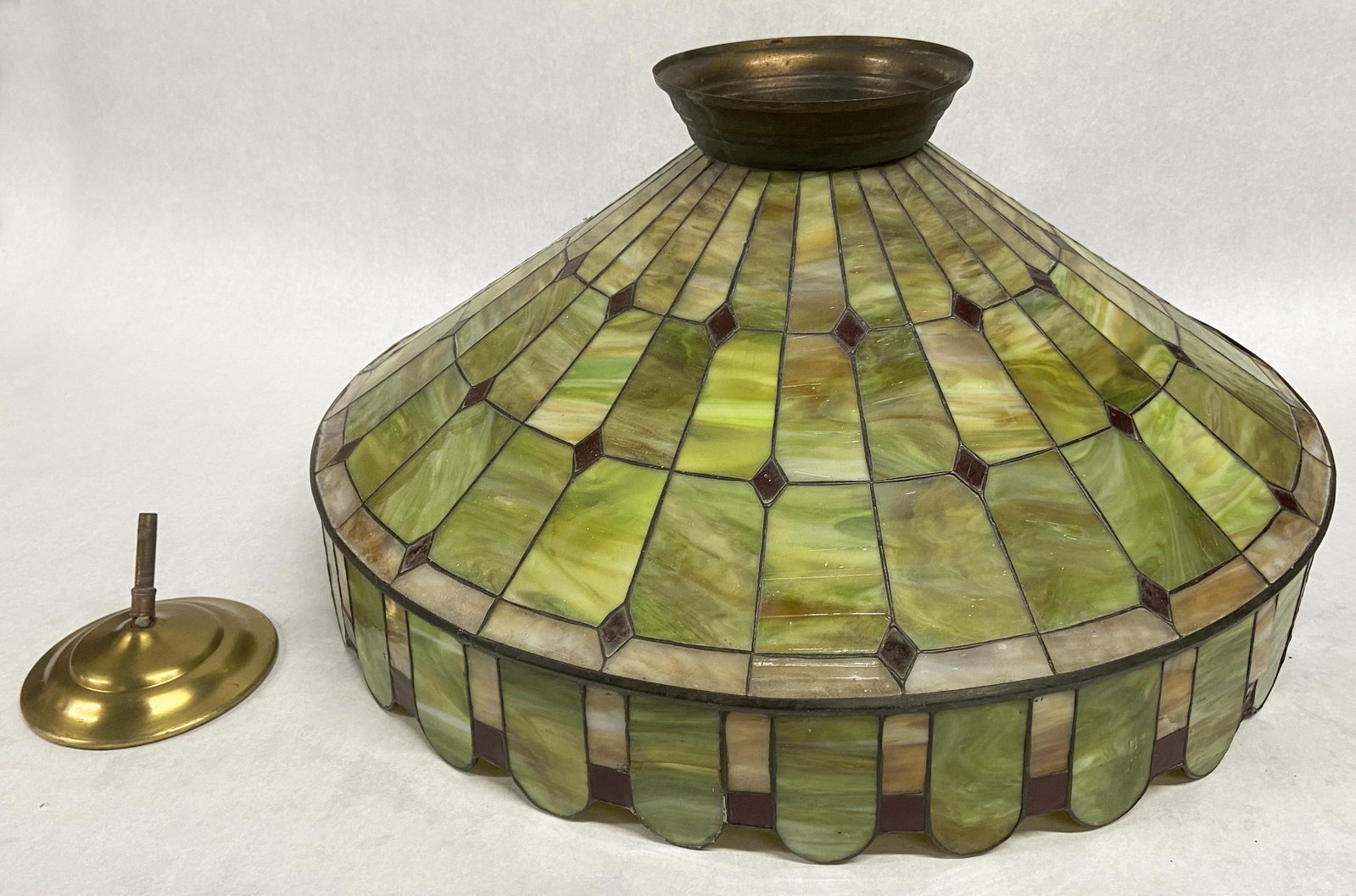 Antique Green Stained & Leaded Glass Shade.: Probably by Lamb. The Fixture Measures 12 1/2" Long, and 23 1/2" in Diameter. It Needs to be Wired with a New Lighting Mechanism, but the Shade itself and Cap is There. There are a Few Cracks, Mostly 