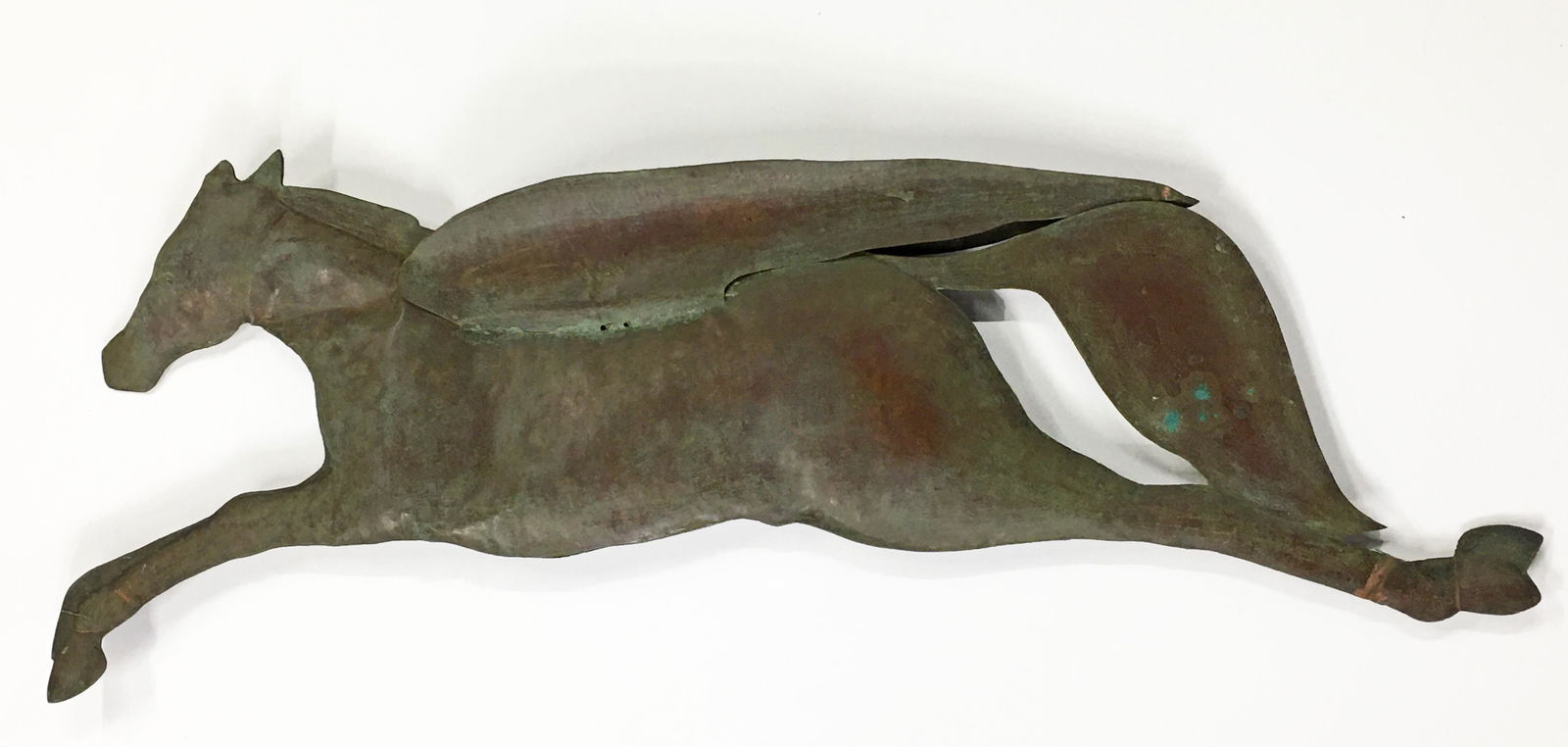 Full-Bodied Pegasus Copper Weathervane Topper.: Originally Found Crated in a Barn (Never Mounted). Has a Light Scratch on One Side, and a Couple of Dents on the Other. Measures 46" Long, 17" Tall, and 2 3/4" Deep. Third-Party Shipping or Personal P