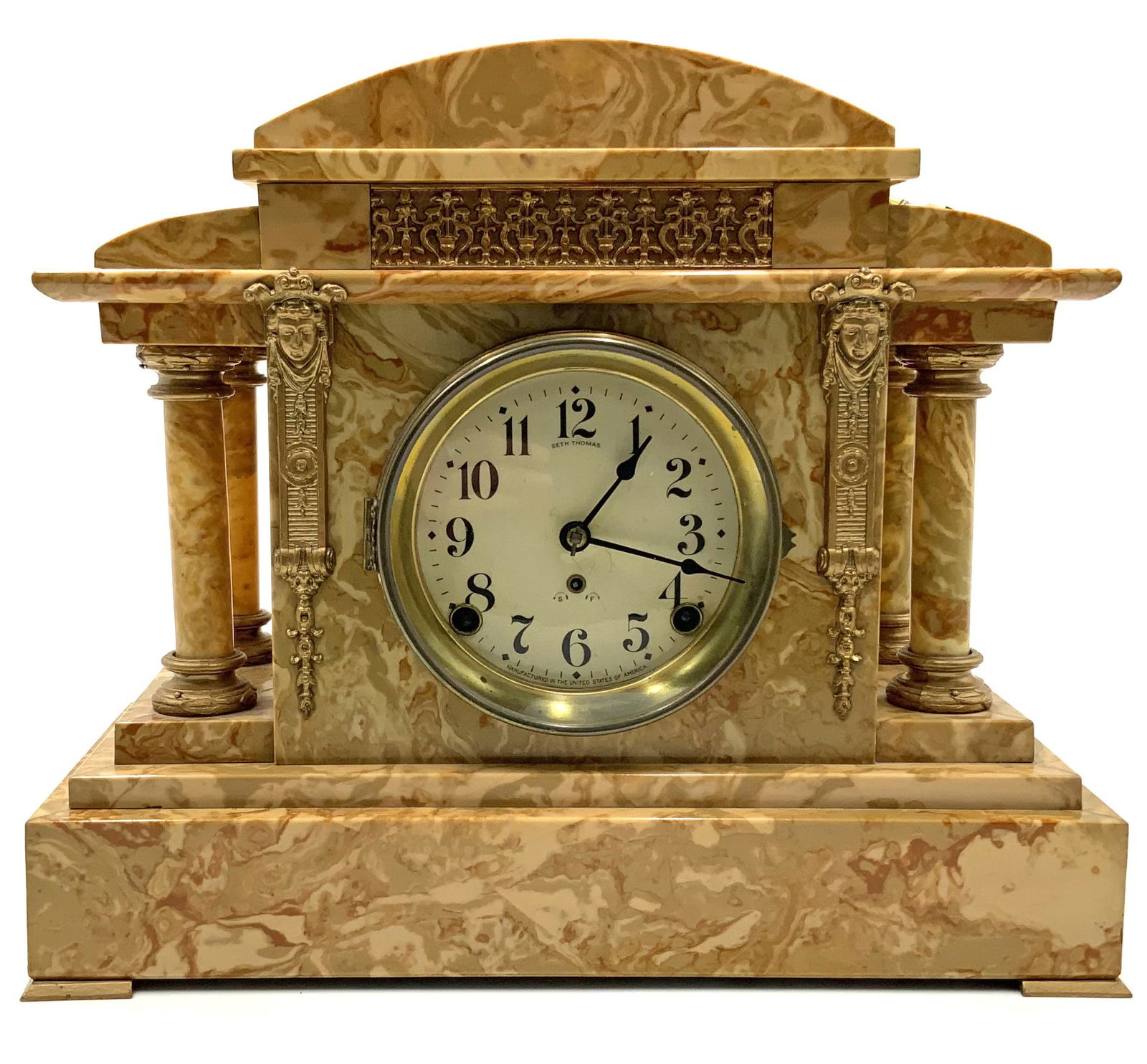Ornate Seth Thomas Mantle Clock.: Working condition unknown. Measures 12.5" tall, 15" x 6.25" at base. Key is included. It has a marble-like finish, but is not heavy at all. Third-Party Shipping or Personal Pickup Required.