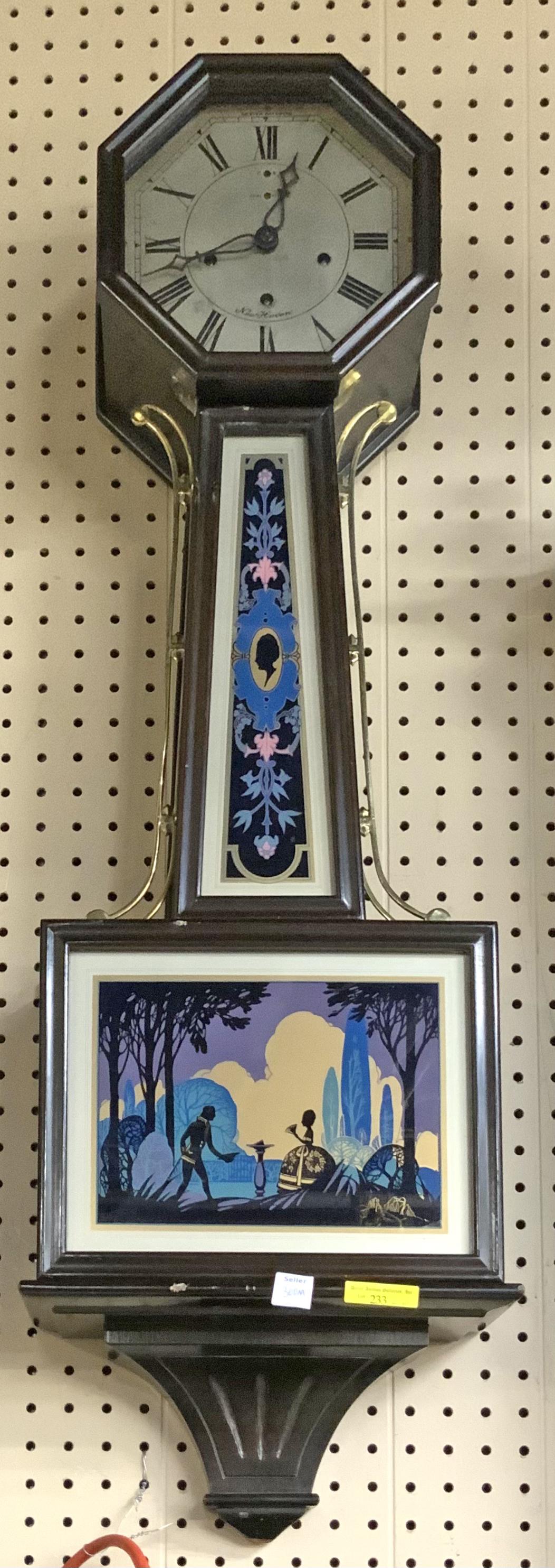 New Haven Banjo Clock w/ Silhouette Scenes.: Missing a Finial on the Top. The Working condition is unknown. Measures 38.5" tall, 12" wide x 4.75" deep. Some scuffs and scratches. Third-Party Shipping or Personal Pickup Required.