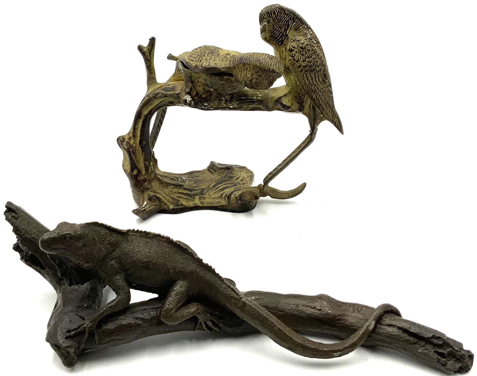 Lot of 2 Bronze Animal Figures- Birds & Lizard.: The lizard is signed, "Milo", and has a stamp that reads, "European Bronze Finery". It measures 12" long. The sculpture of two birds is 8" tall, unsigned. Some surface wear/white marks. Third-Party Sh