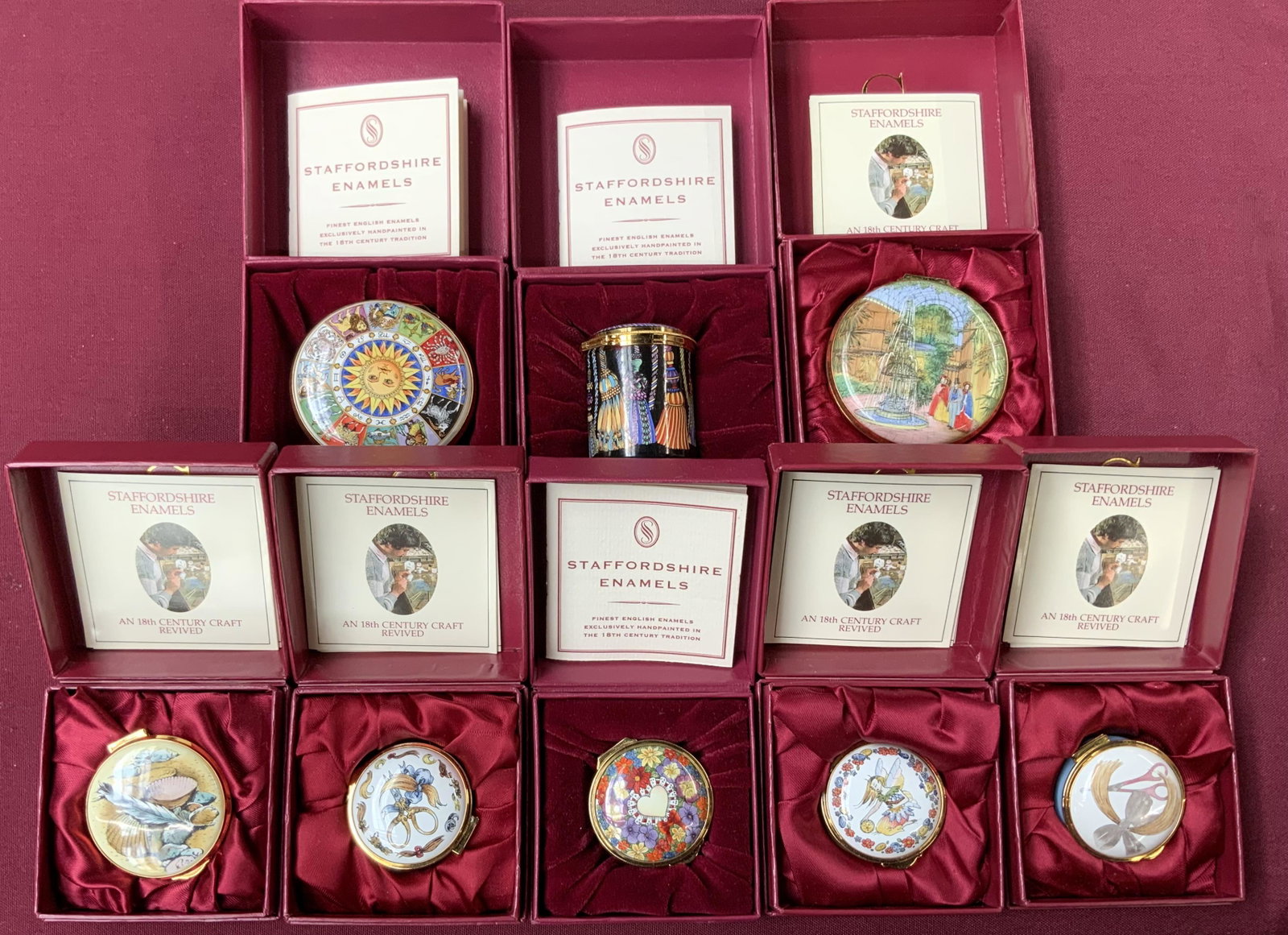 Lot of 8 Staffordshire Enamels Trinket Boxes.: They come with their original boxes, and look to be in great condition. Hand-Painted and signed.