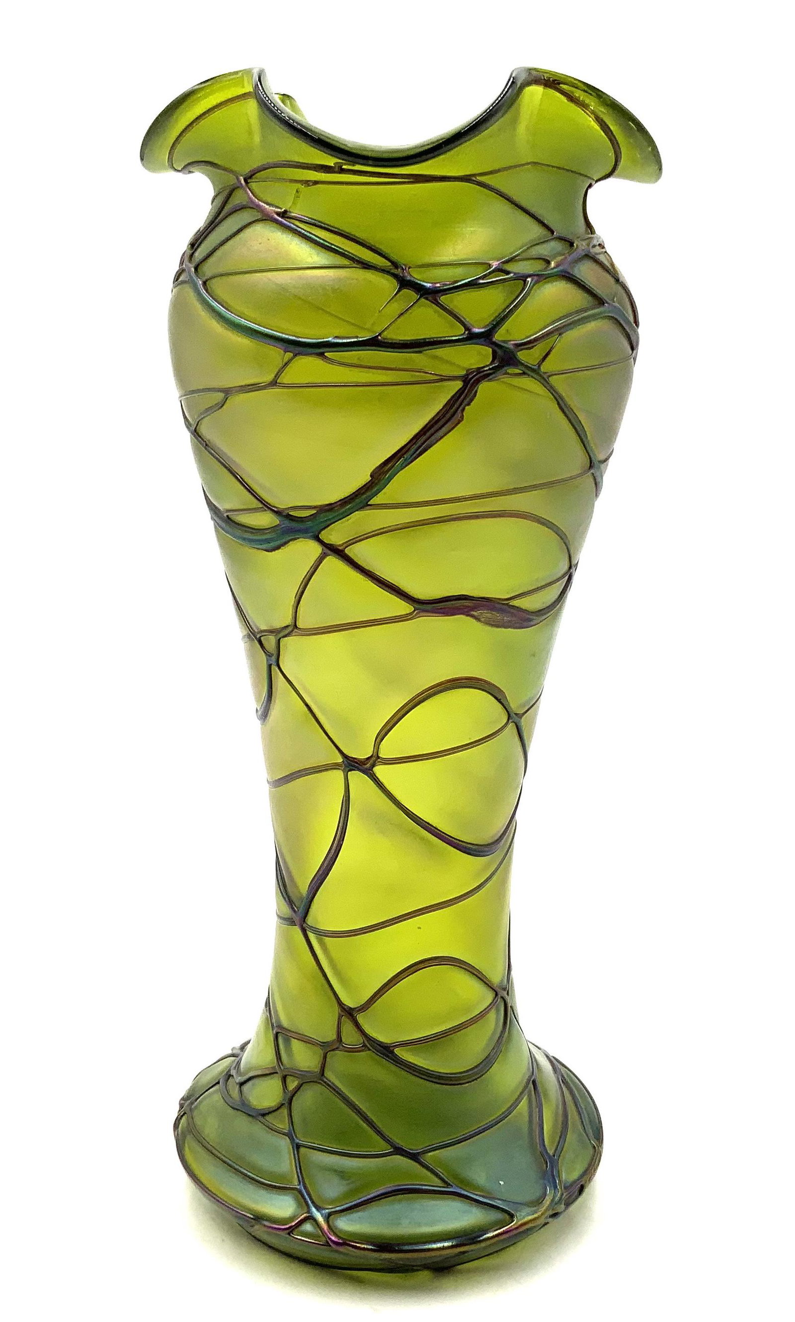 Loetz Green Art Nouveau Iridescent Glass Vase.: Measures 12.75" tall. No cracks or chips noted. Third-Party Shipping or Personal Pickup Required.
