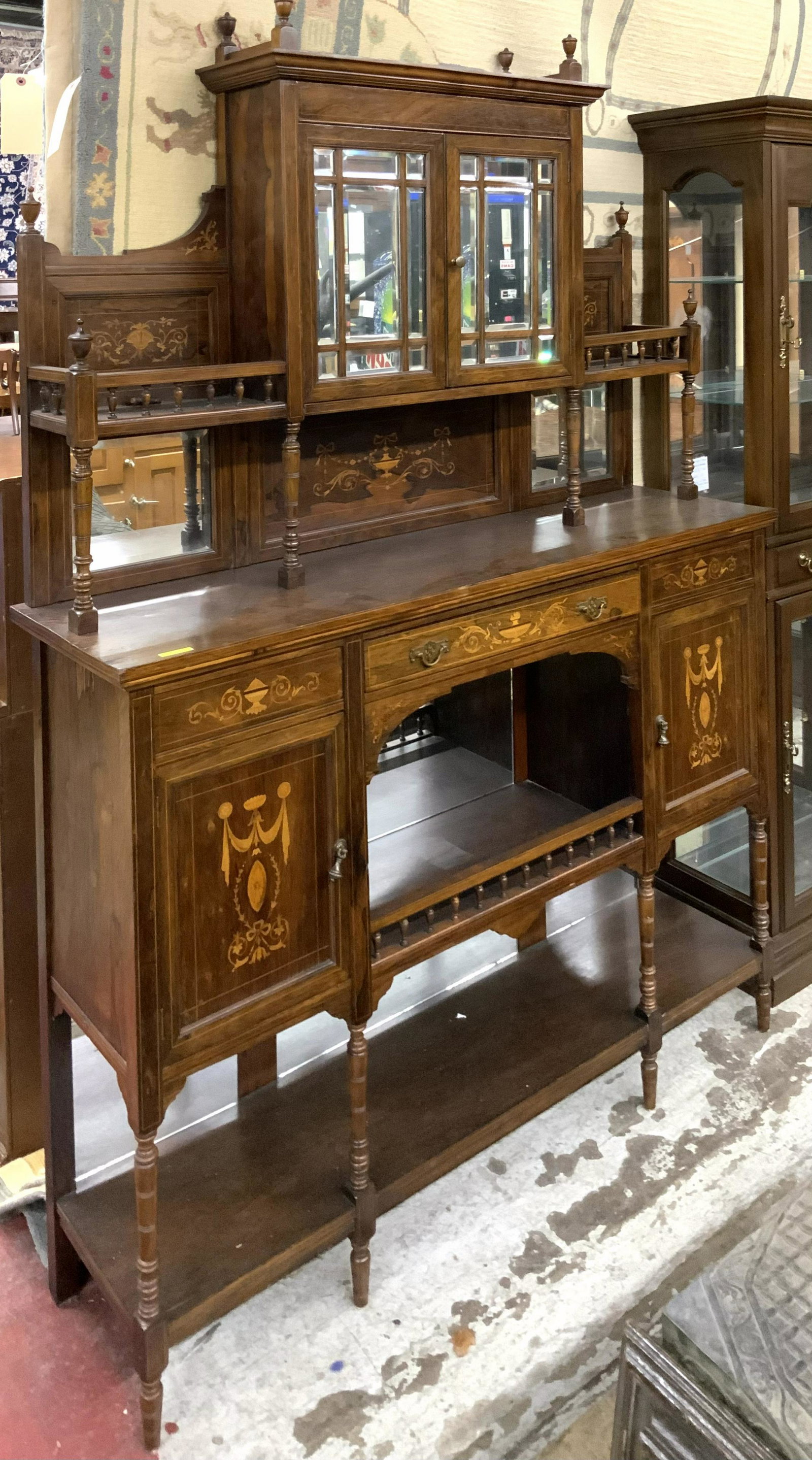 Fine Antique Inlaid Etagere w/Bevelled Mirrors.: Looks to be Made of Rosewood. In Very Good Condition for its Age. Measures 54" Wide, 76" High, and 15" Deep. Third-Party Freight Shipping or Personal Pickup Required.