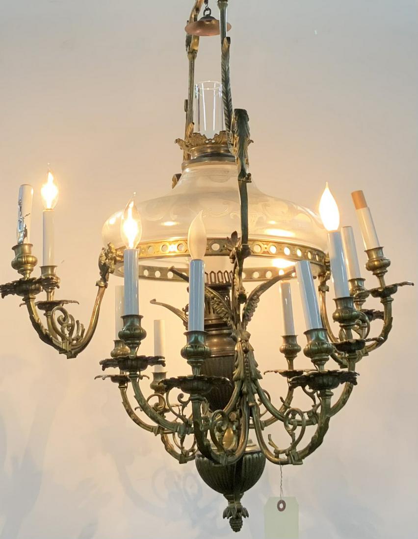 Antique Bronze Dragon Motif Converted Oil Lamp.: The Light Fixture Measures 31" x 26", and 36" Long. Third-Party Shipping or Personal Pickup Required.