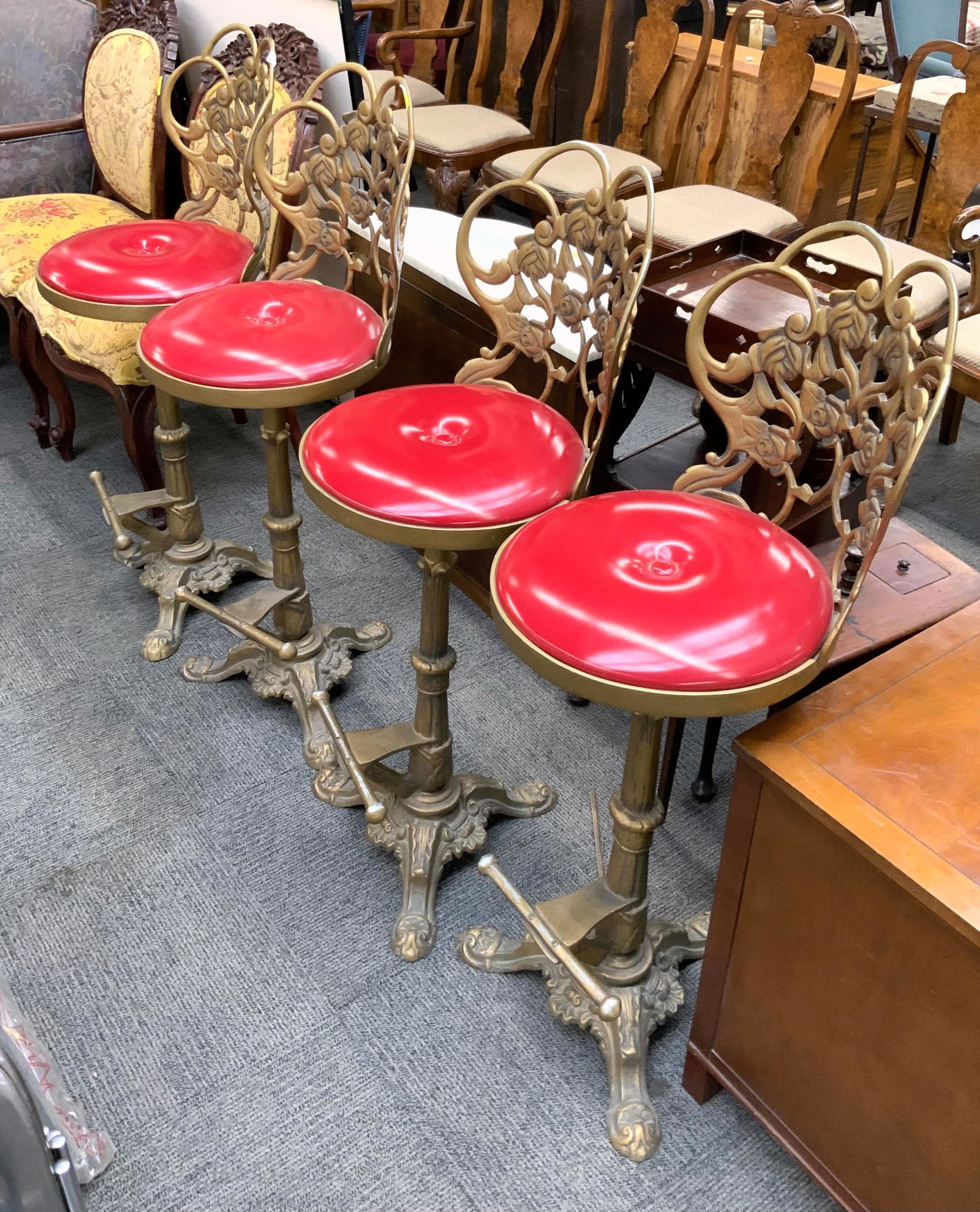 Set of Four Ornate Metal Bar Stools.: Third-Party Freight Shipping or Personal Pickup Required.