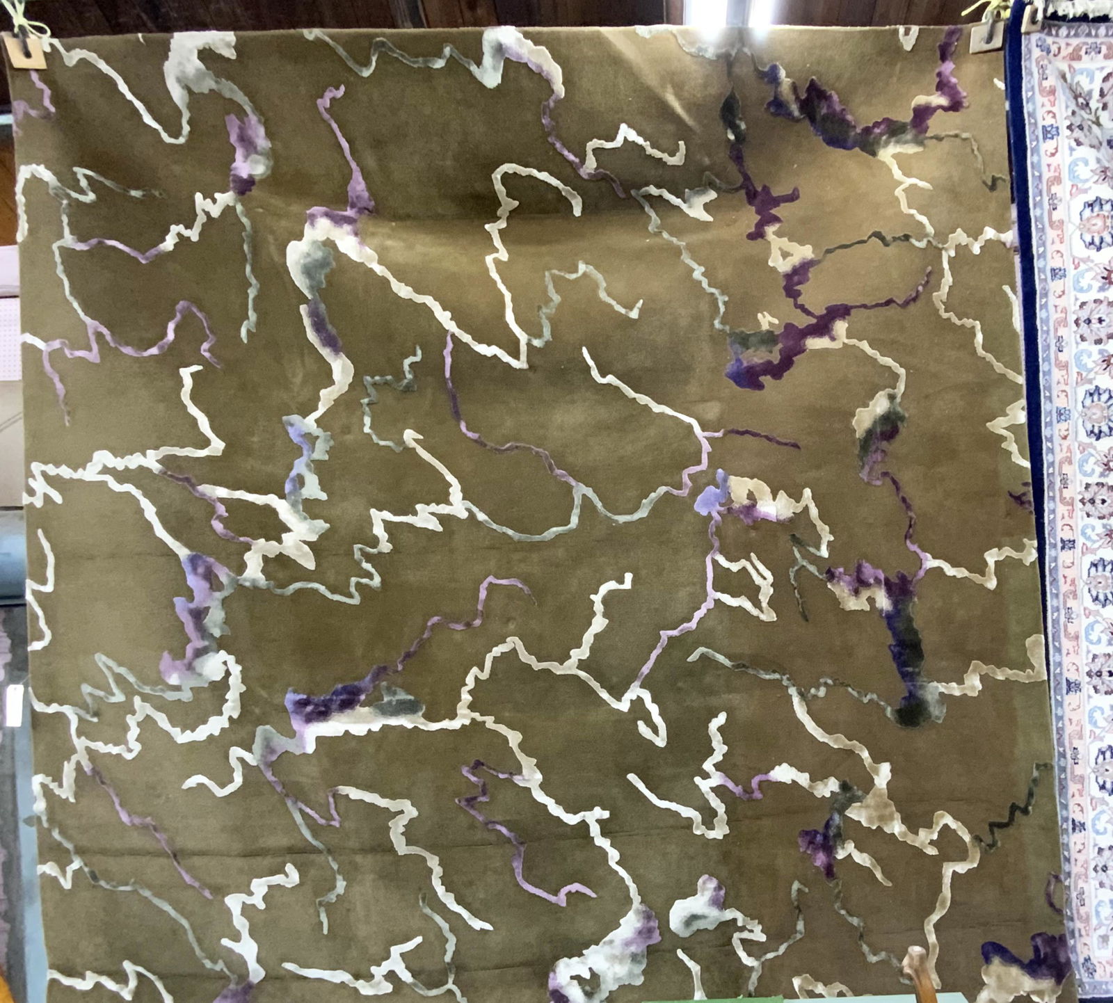 10' x 10' Signed Edward Fields Mistral I/SP Rug.: Green Field with Greyish / Purple / Silver Streaks. Third-Party Shipping or Personal Pickup Required.